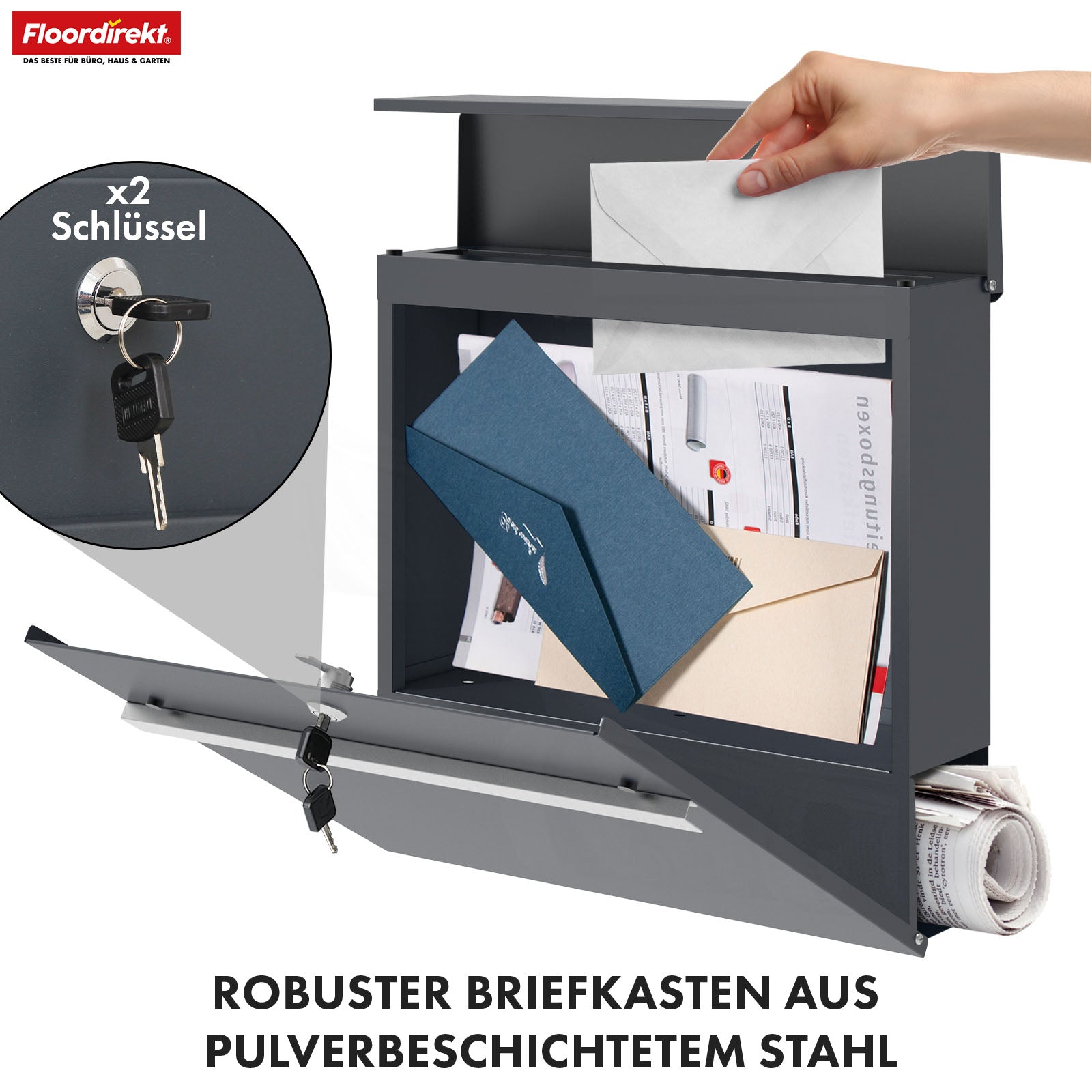 Boîte aux lettres | Gaston | Boîte aux lettres murale moderne avec compartiment pour les journaux & porte-nom en acier inoxydable, anthracite