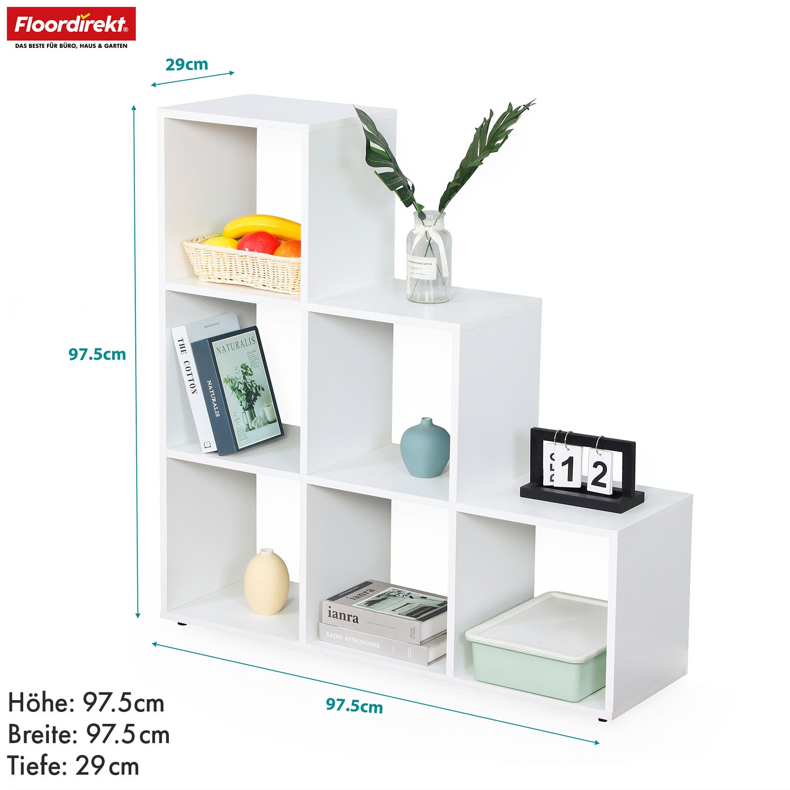 Bibliothèque | Carolina | Étagère blanche en MDF avec 6 compartiments pour livres, plantes & décoration