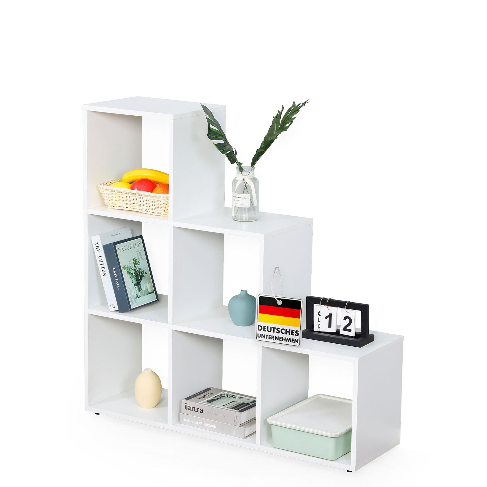 Bibliothèque | Carolina | Étagère blanche en MDF avec 6 compartiments pour livres, plantes & décoration
