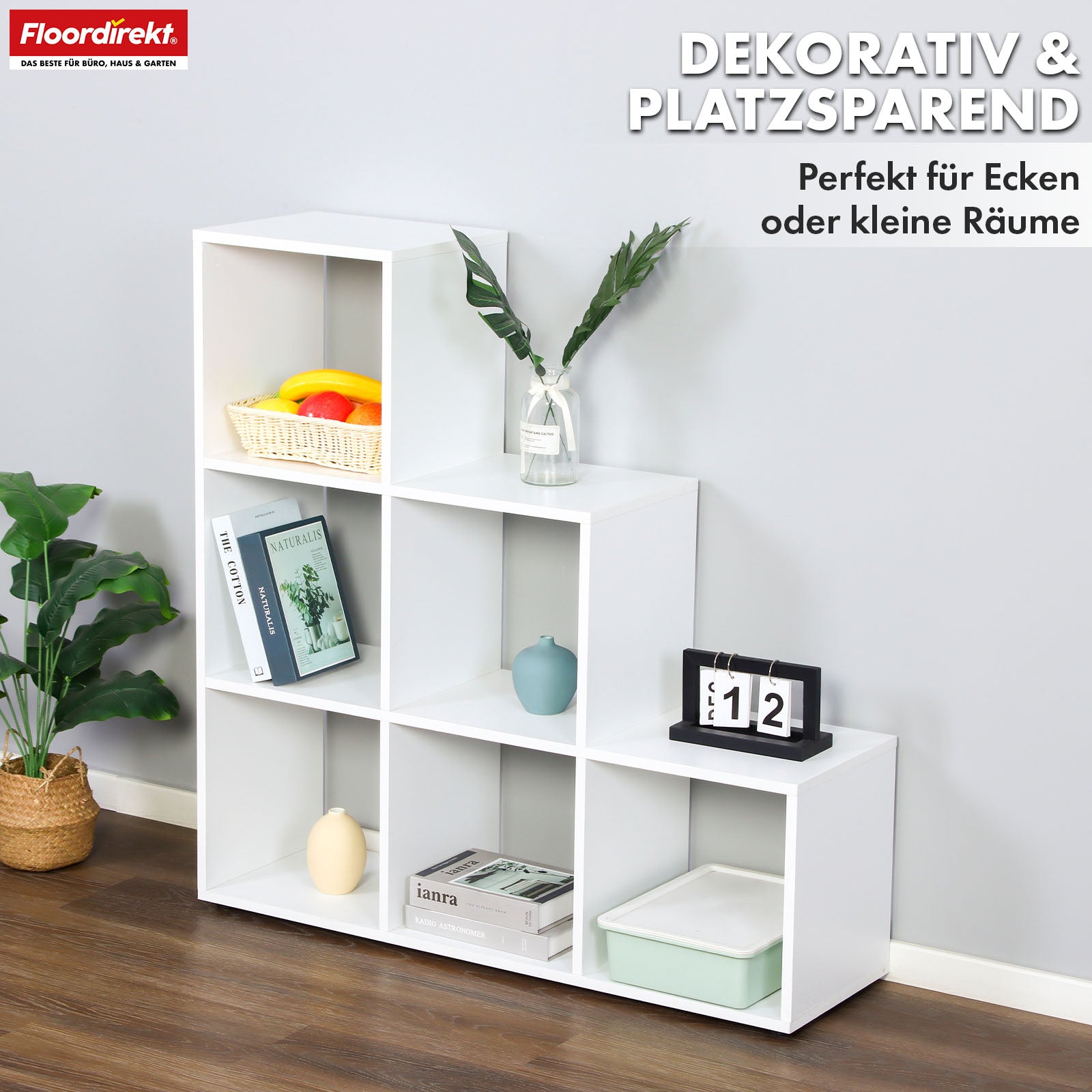 Bibliothèque | Carolina | Étagère blanche en MDF avec 6 compartiments pour livres, plantes & décoration