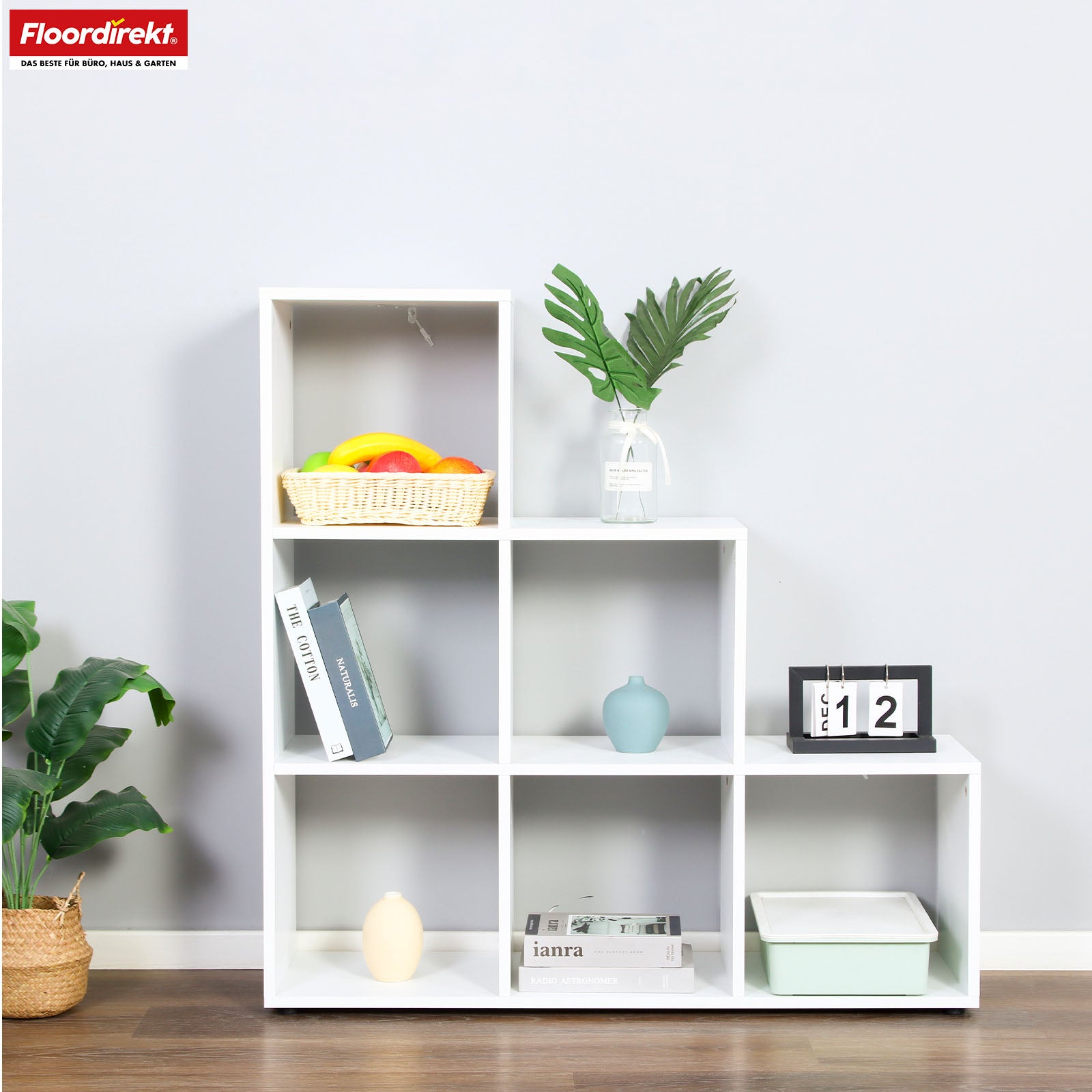 Bibliothèque | Carolina | Étagère blanche en MDF avec 6 compartiments pour livres, plantes & décoration
