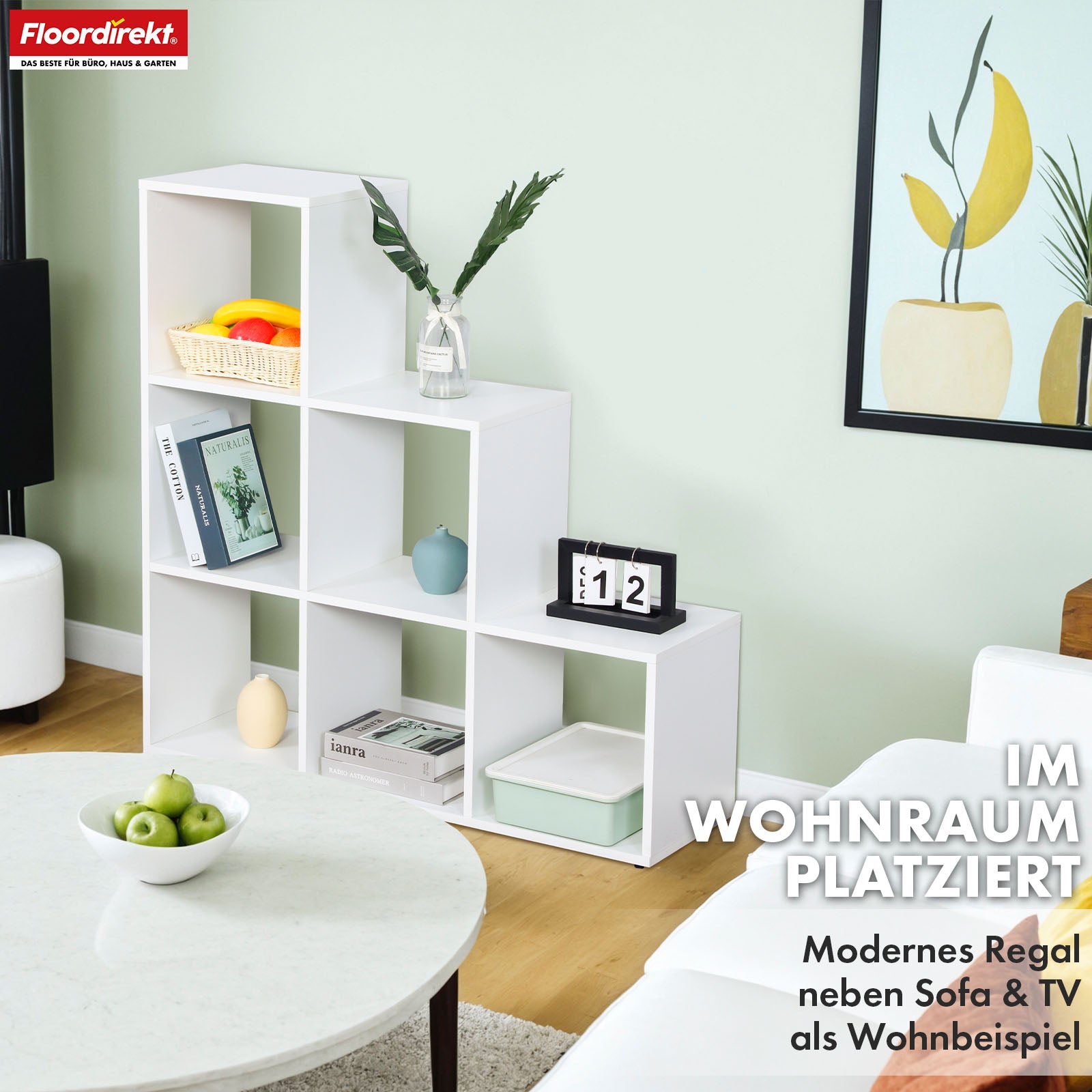 Bibliothèque | Carolina | Étagère blanche en MDF avec 6 compartiments pour livres, plantes & décoration