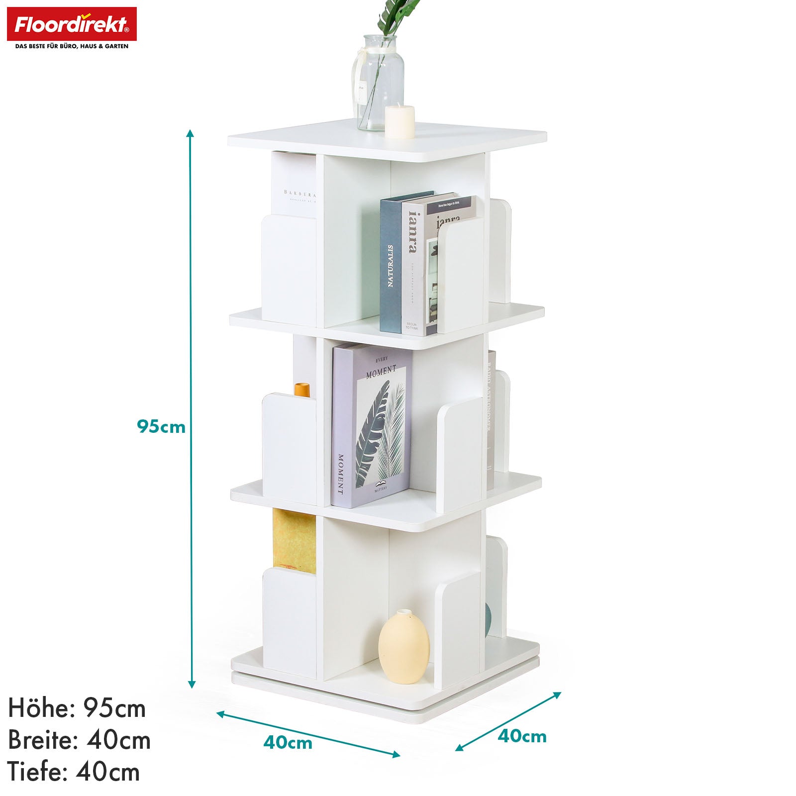 Bibliothèque | Indiana | Étagère tournante à 3 ou 4 niveaux | Étagère sur pied à 360° pour le salon, le bureau & la chambre à coucher