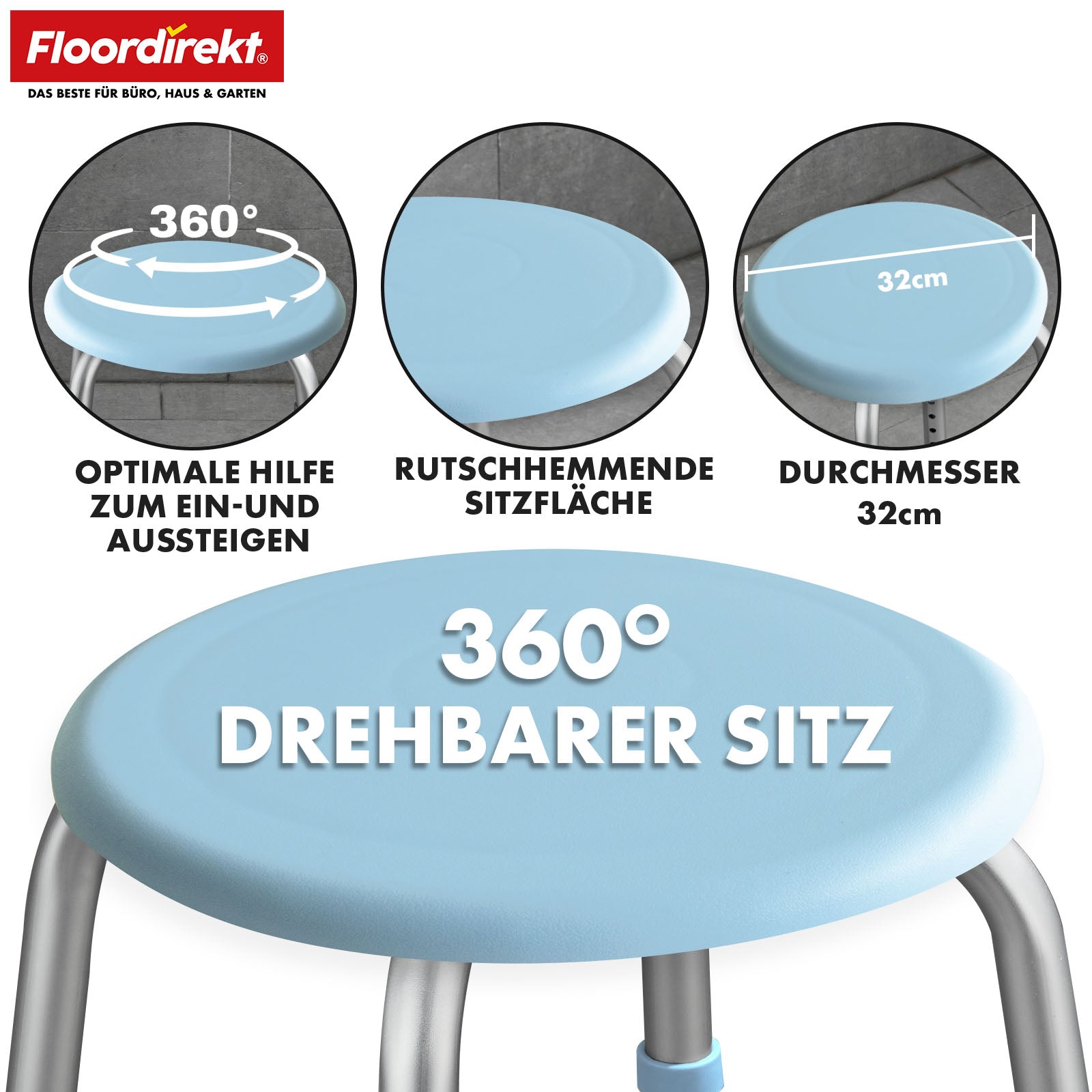 Tabouret de douche et de bain | Pedro | Réglable en hauteur & pivotant à 360° | Antidérapant & supporte jusqu'à 150 kg