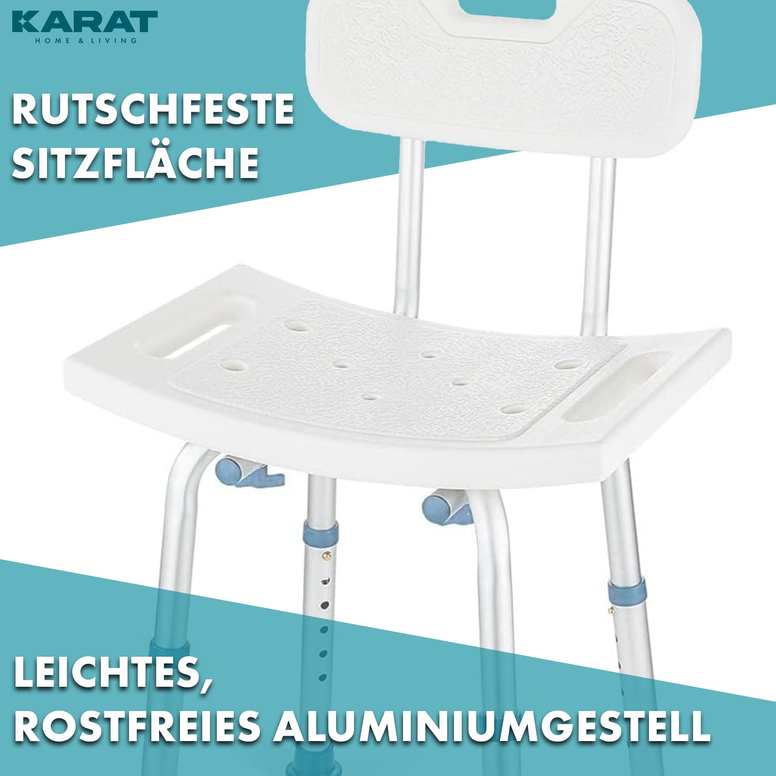 Tabouret de douche | Jonah | Réglable en hauteur avec dossier | Chaise de bain ergonomique pour le bain et la douche, antidérapante & stable, supporte jusqu'à 150 kg