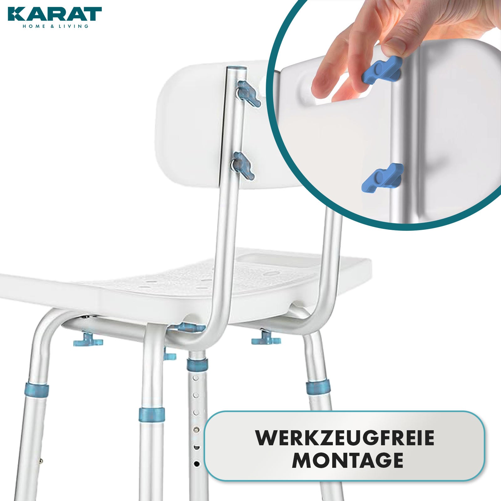 Tabouret de douche | Jonah | Réglable en hauteur avec dossier | Chaise de bain ergonomique pour le bain et la douche, antidérapante & stable, supporte jusqu'à 150 kg