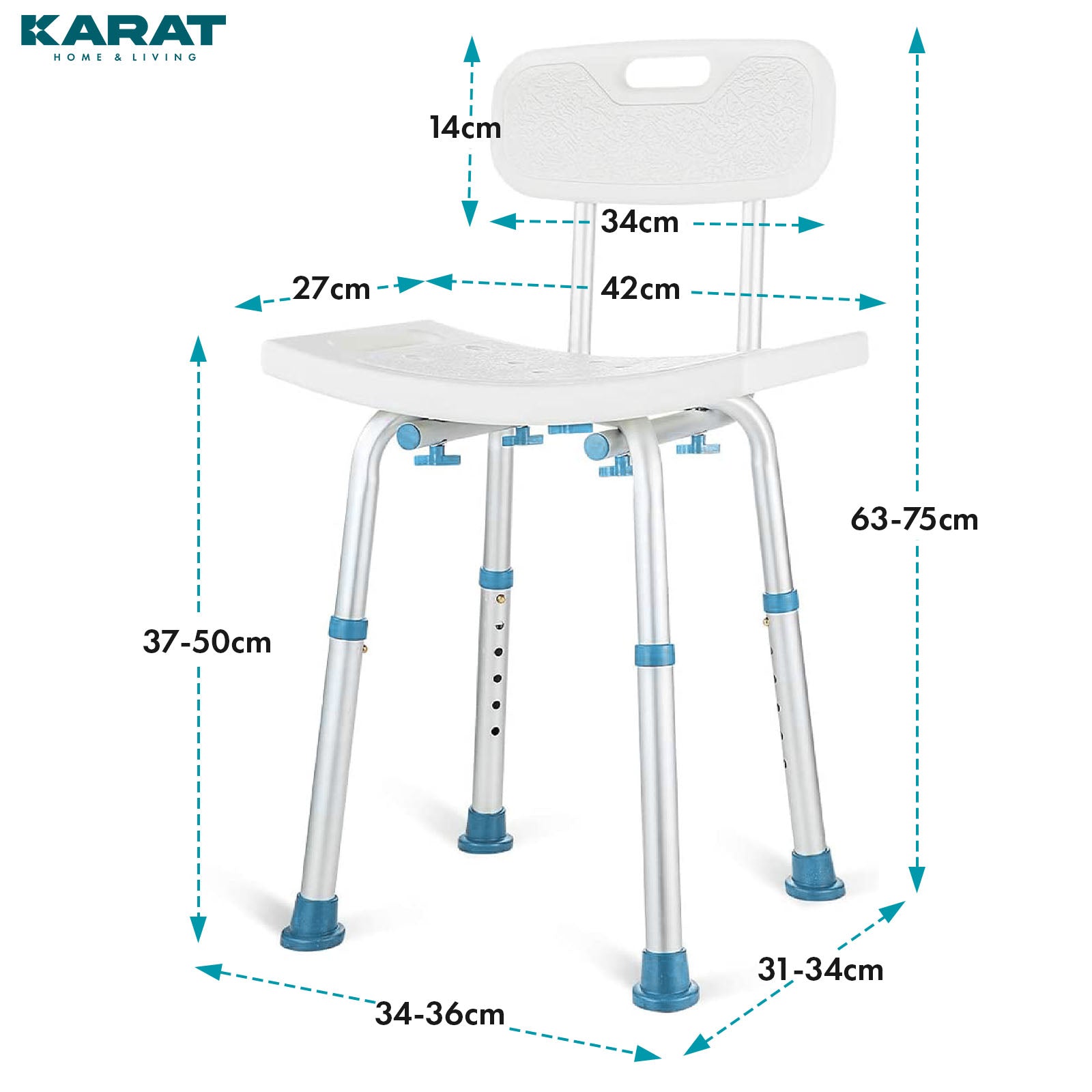 Tabouret de douche | Jonah | Réglable en hauteur avec dossier | Chaise de bain ergonomique pour le bain et la douche, antidérapante & stable, supporte jusqu'à 150 kg