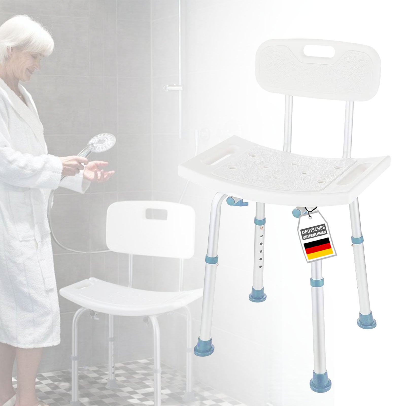 Tabouret de douche | Jonah | Réglable en hauteur avec dossier | Chaise de bain ergonomique pour le bain et la douche, antidérapante & stable, supporte jusqu'à 150 kg