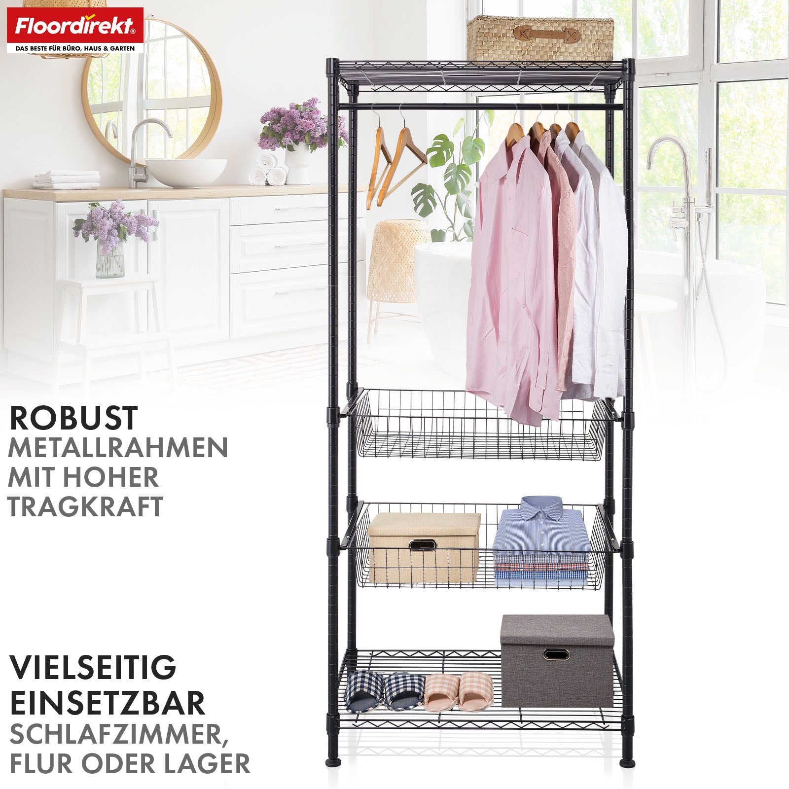 Armoire | Harold | Portemanteau ouvert avec tringle et étagères | Armoire robuste pour chambre à coucher, couloir et rangement