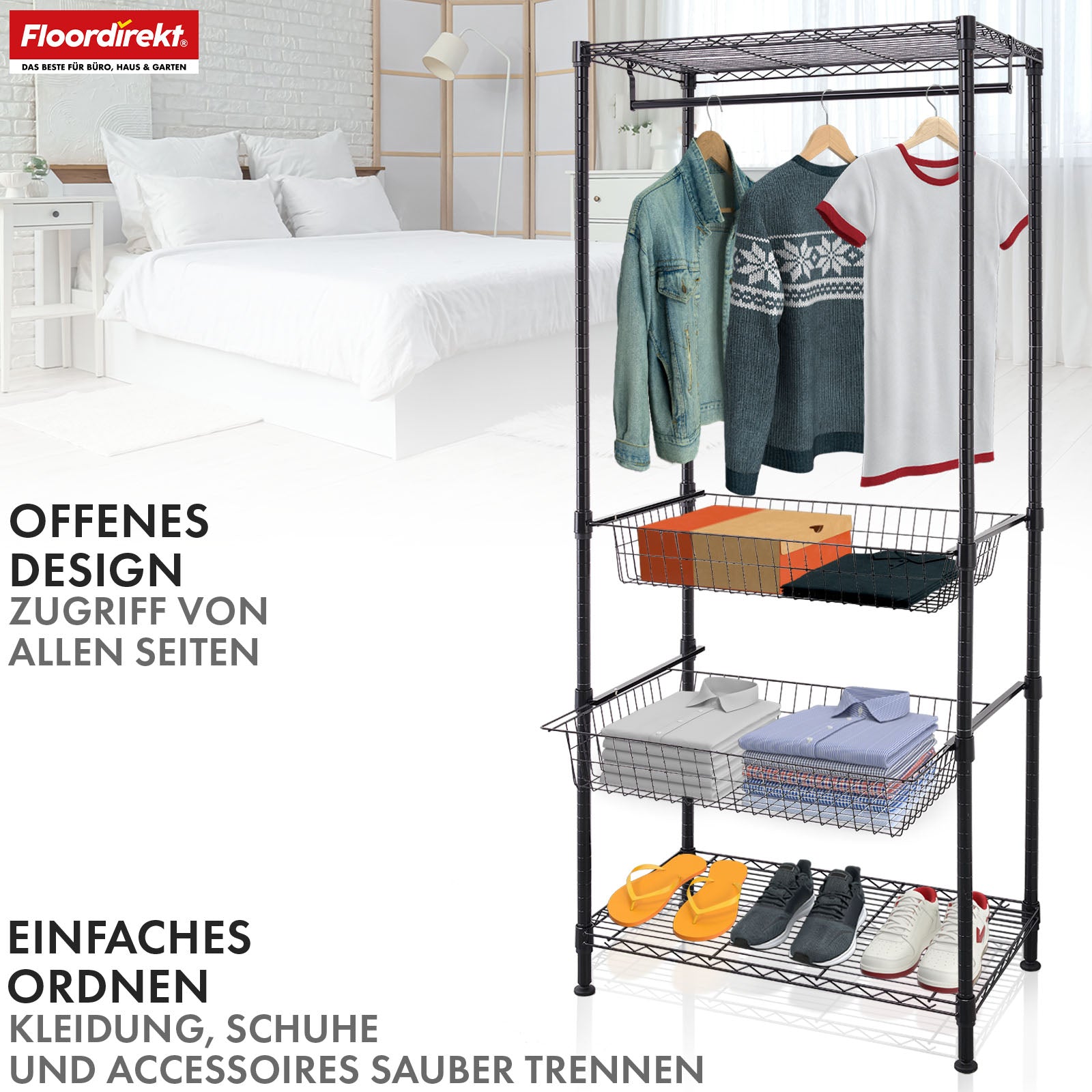 Armoire | Harold | Portemanteau ouvert avec tringle et étagères | Armoire robuste pour chambre à coucher, couloir et rangement