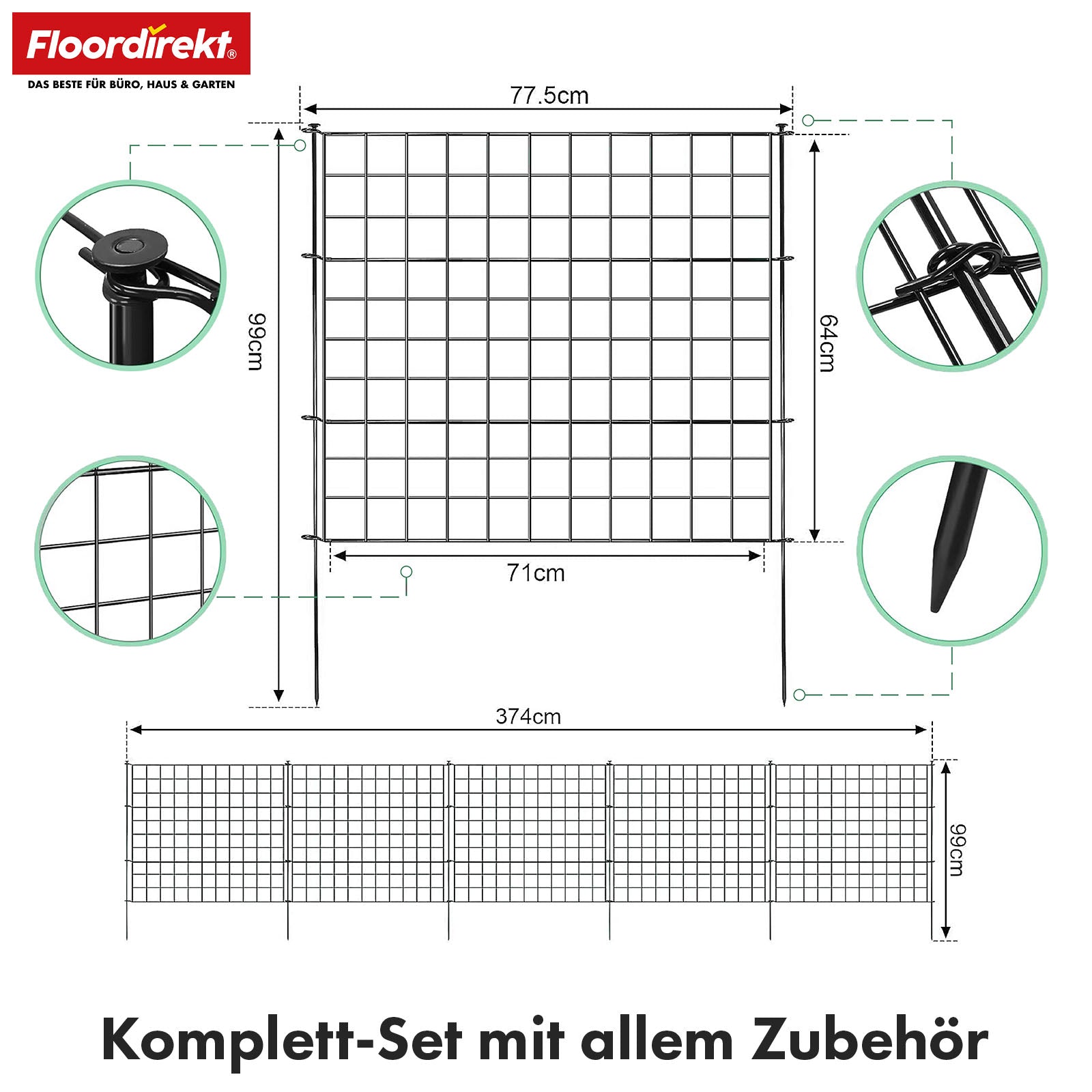 Clôture en treillis | Pablo | Set de 5 clôtures métalliques à emboîter | Extensible pour jardin, étang & animaux