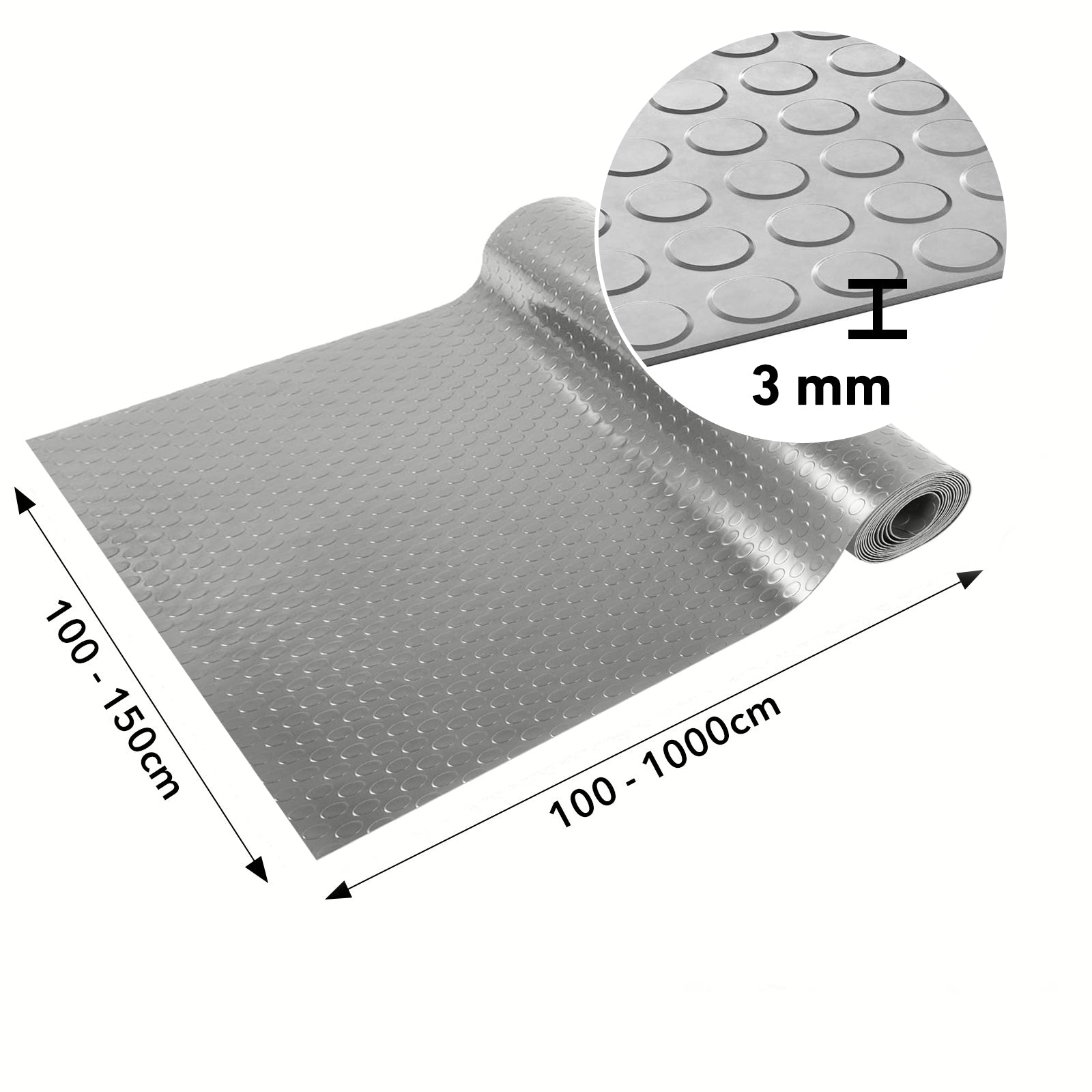 Tapis en caoutchouc | Gris | Tapis en caoutchouc avec picots plats | Épaisseur : 3 mm