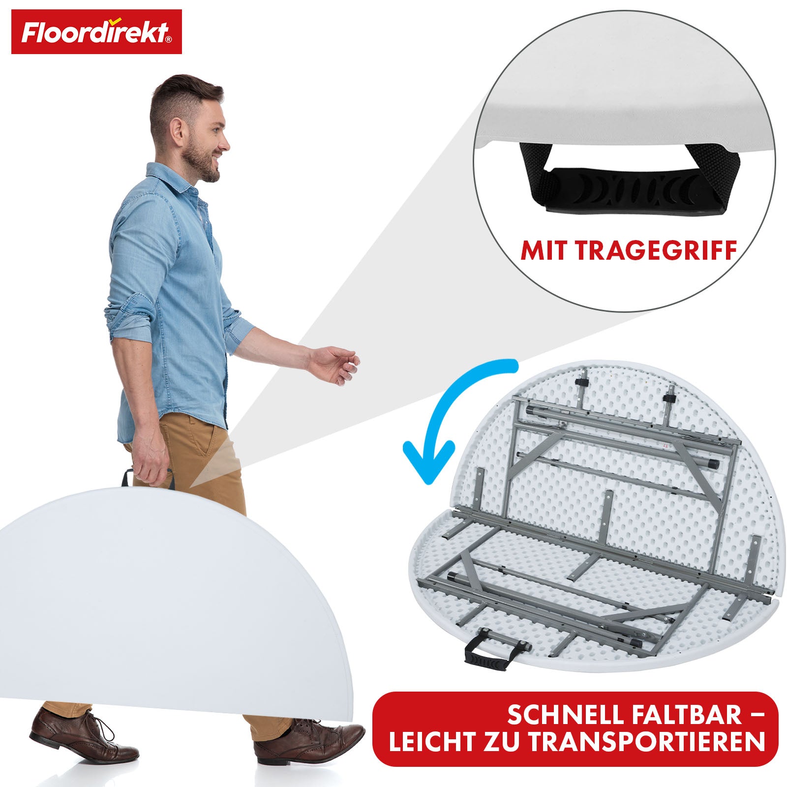 Table pliante | Shiga | Table de jardin ronde blanche | Pliable avec poignée de transport | 120 cm de diamètre