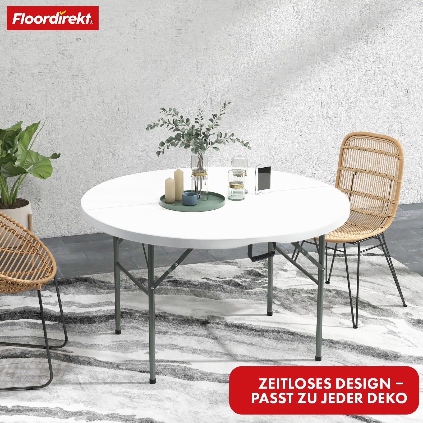 Table pliante | Shiga | Table de jardin ronde blanche | Pliable avec poignée de transport | 120 cm de diamètre