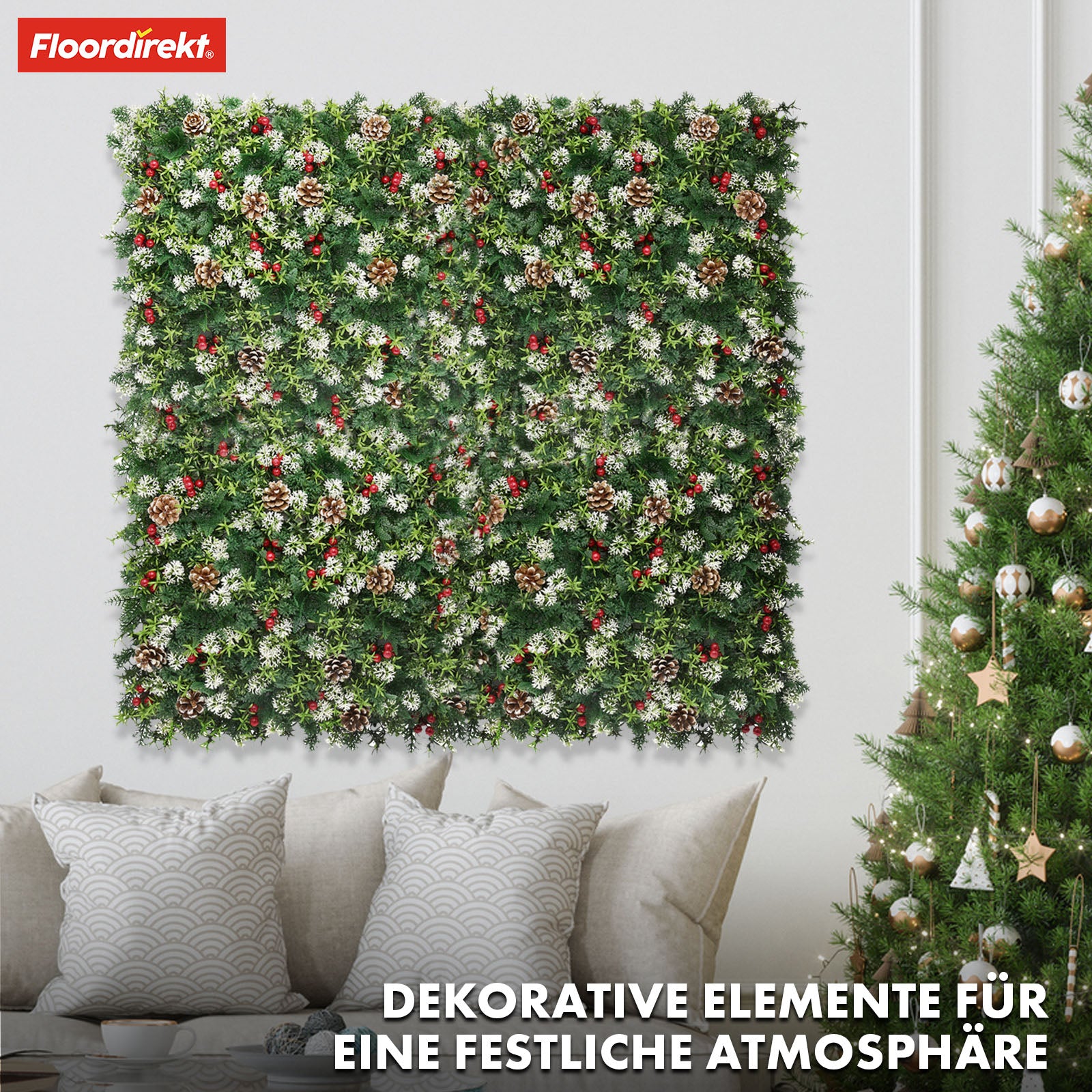 Mur végétal | Festive | Décoration de Noël avec baies rouges, pommes de pin & accents verts | 50 x 50 cm