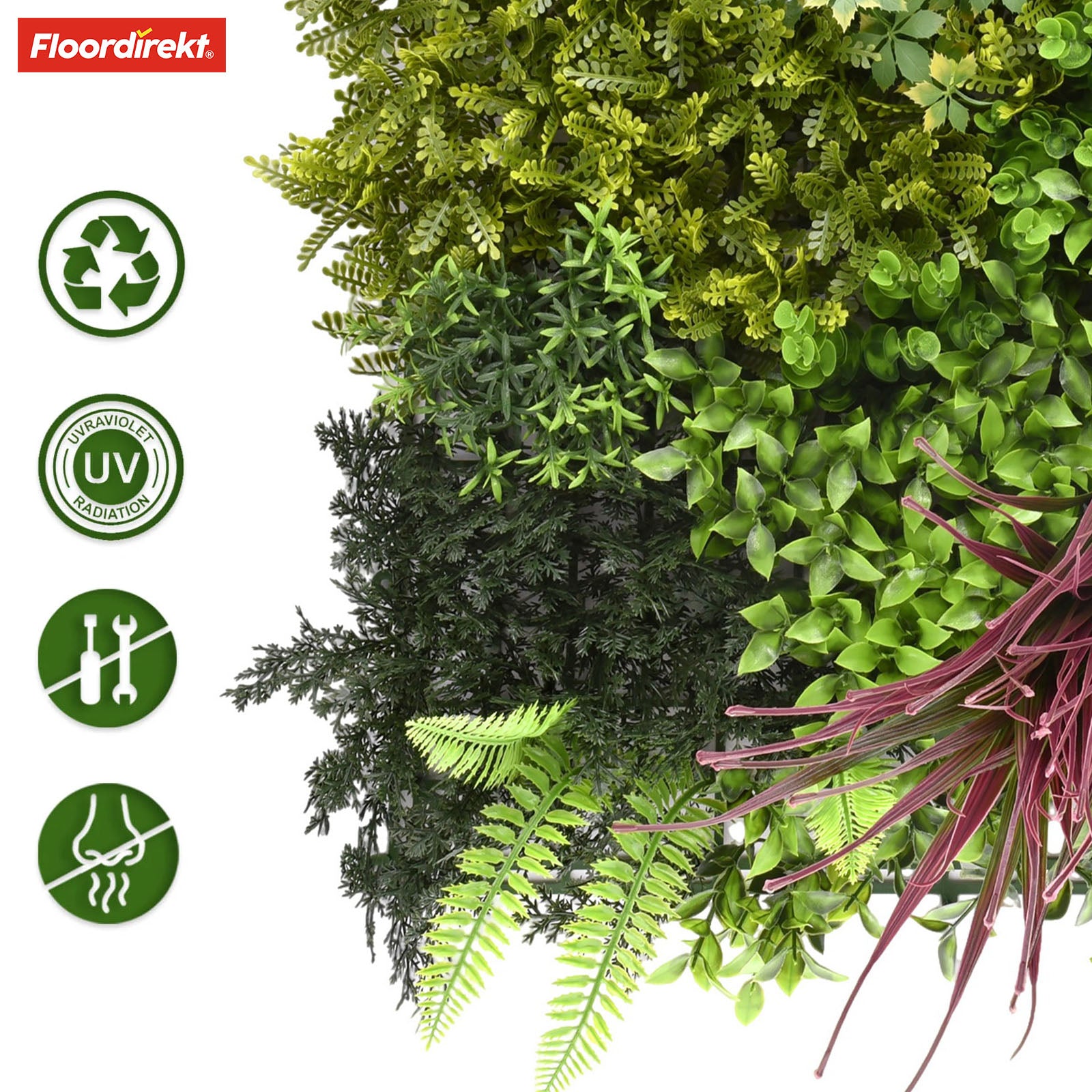 Mur végétal | Heaven Blue | Décoration murale polyvalente avec des accents verts et violets pour une ambiance élégante | 50 x 50 cm