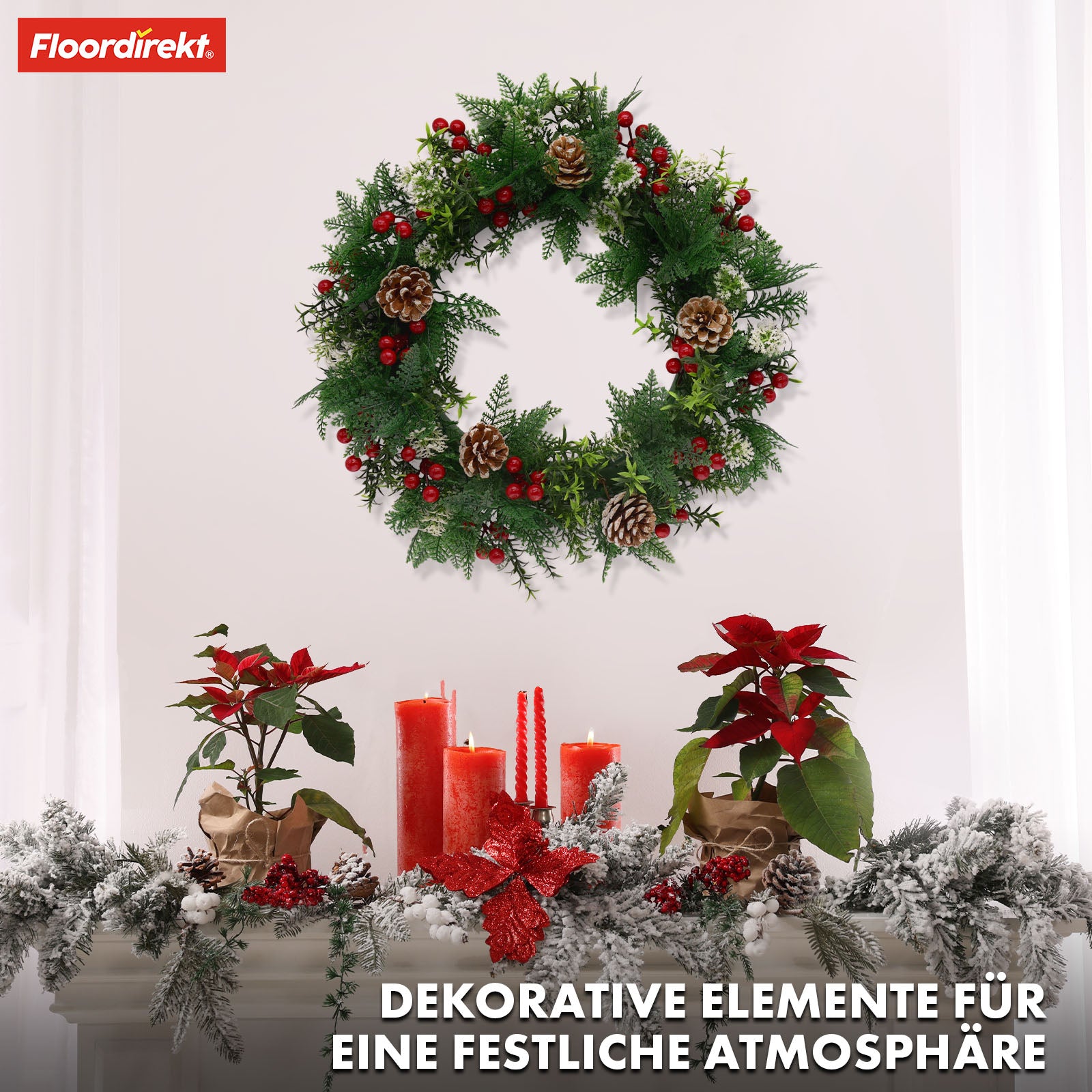 Couronne de Noël | Pinecone | Avec des pommes de pin, des baies et des accents verts festifs | Couronne décorative pour porte et mur