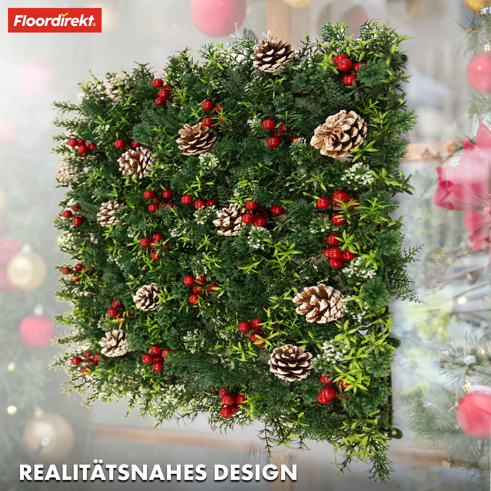 Mur végétal | Festive | Décoration de Noël avec baies rouges, pommes de pin & accents verts | 50 x 50 cm