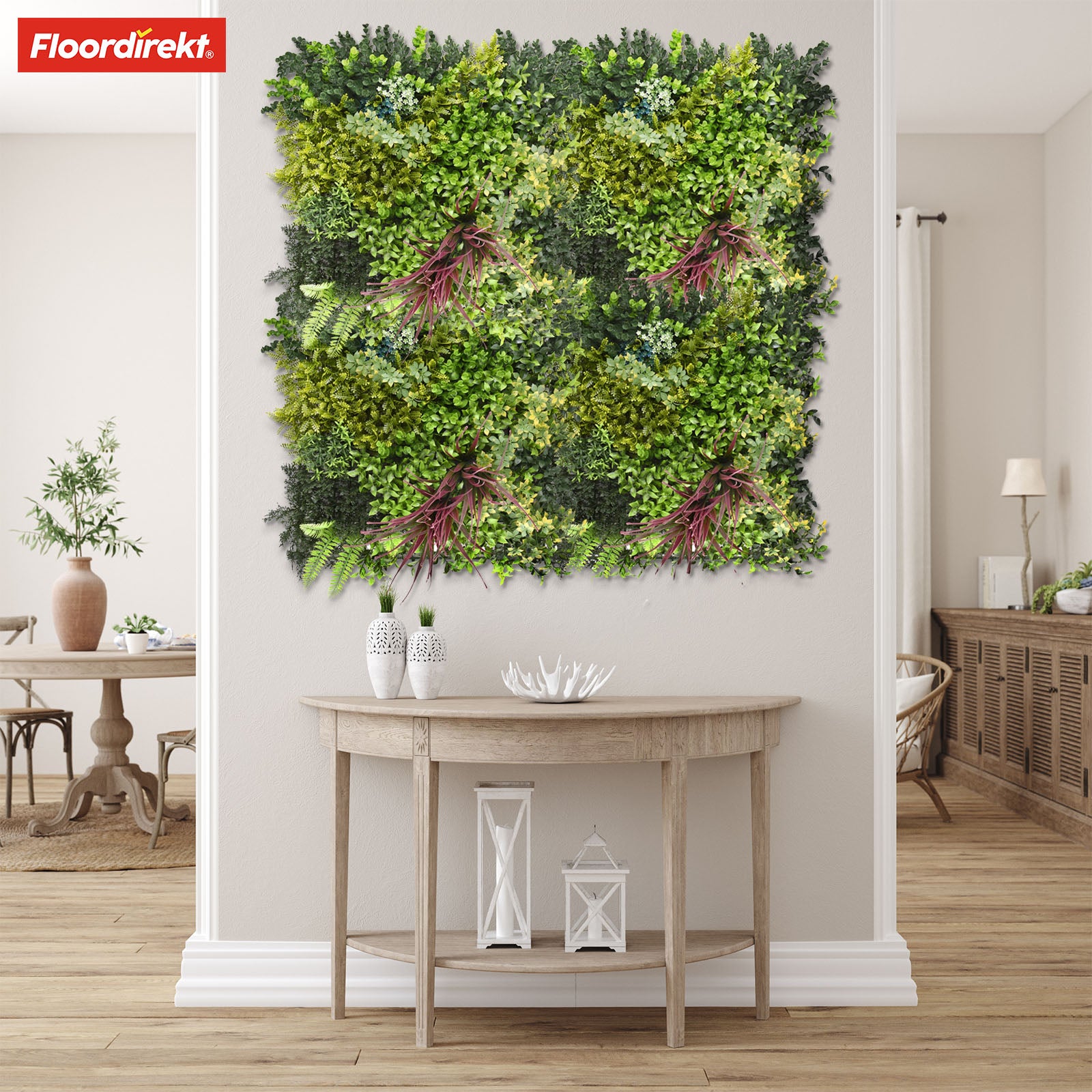 Mur végétal | Heaven Blue | Décoration murale polyvalente avec des accents verts et violets pour une ambiance élégante | 50 x 50 cm