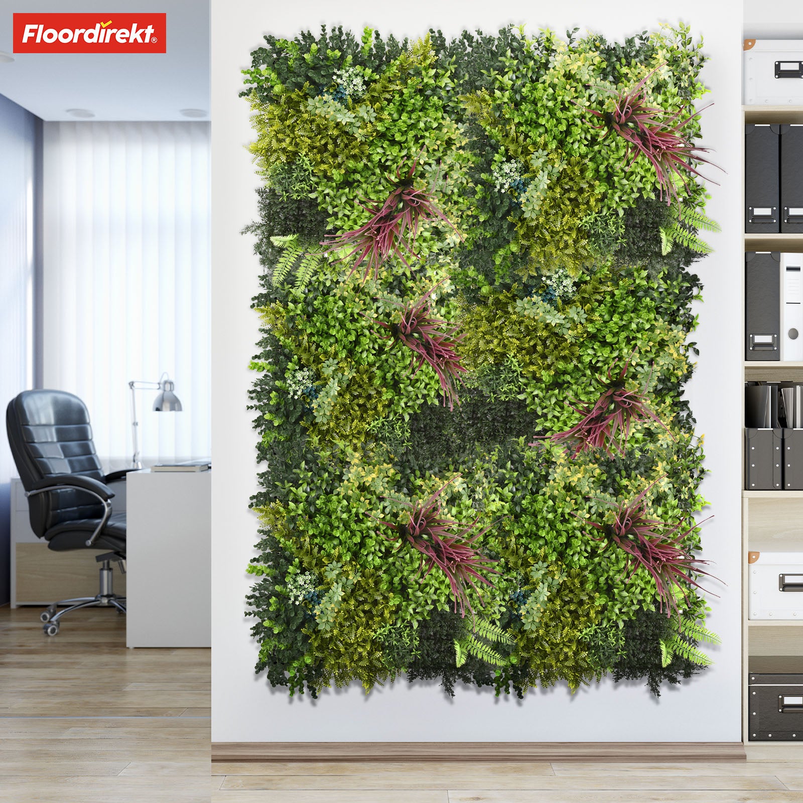 Mur végétal | Heaven Blue | Décoration murale polyvalente avec des accents verts et violets pour une ambiance élégante | 50 x 50 cm