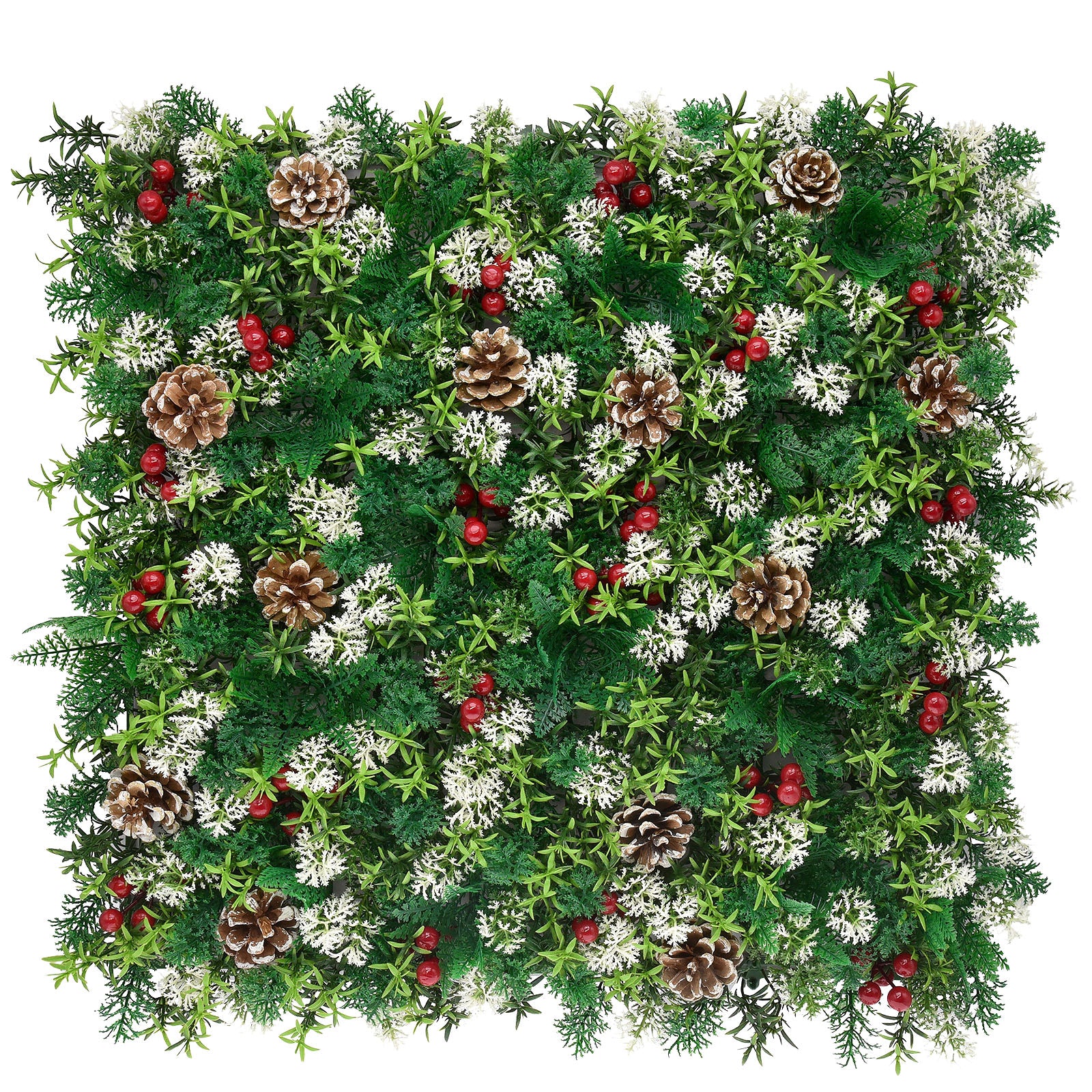 Mur végétal | Festive | Décoration de Noël avec baies rouges, pommes de pin & accents verts | 50 x 50 cm