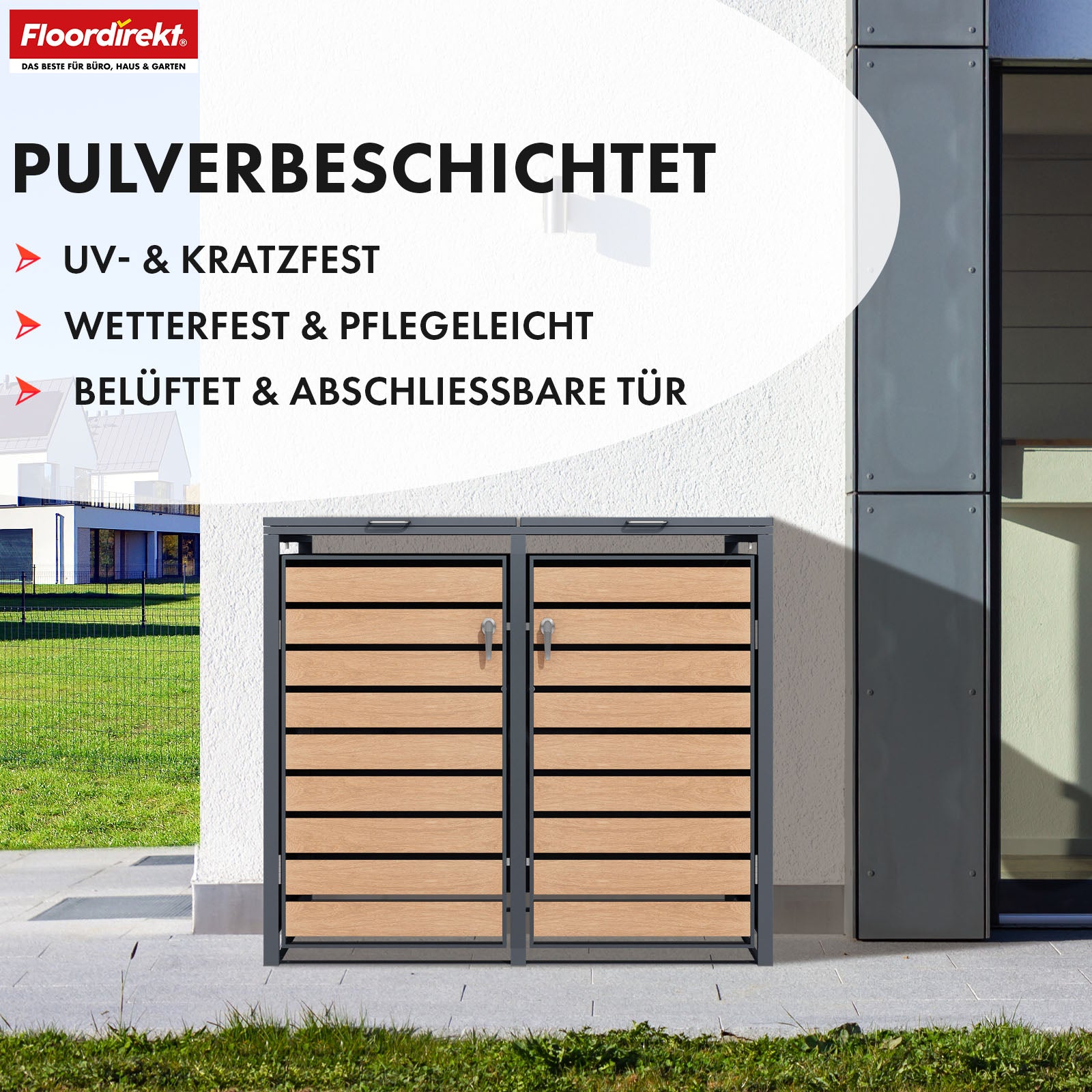 Abri pour poubelles | Johan | Habillage pour poubelles anthracite avec décor bois et cadre robuste en acier inoxydable | 1-3 portes | Rangement de poubelle pour 60-240 L