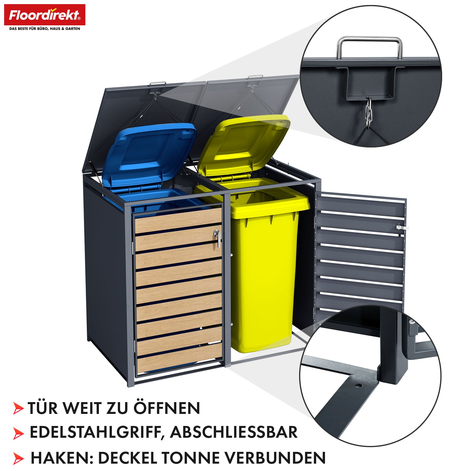 Abri pour poubelles | Johan | Habillage pour poubelles anthracite avec décor bois et cadre robuste en acier inoxydable | 1-3 portes | Rangement de poubelle pour 60-240 L