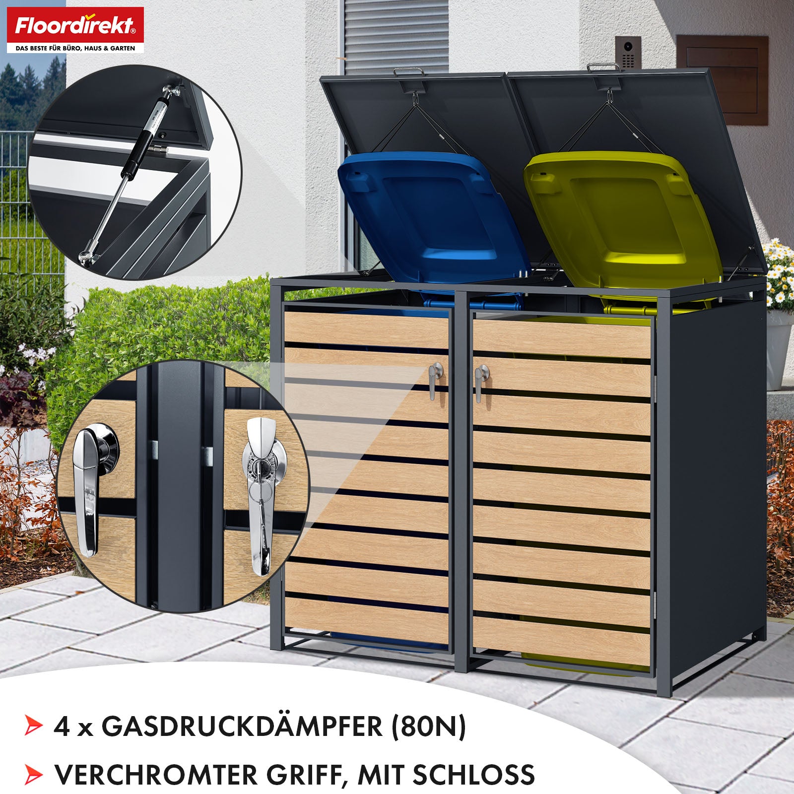 Abri pour poubelles | Johan | Habillage pour poubelles anthracite avec décor bois et cadre robuste en acier inoxydable | 1-3 portes | Rangement de poubelle pour 60-240 L