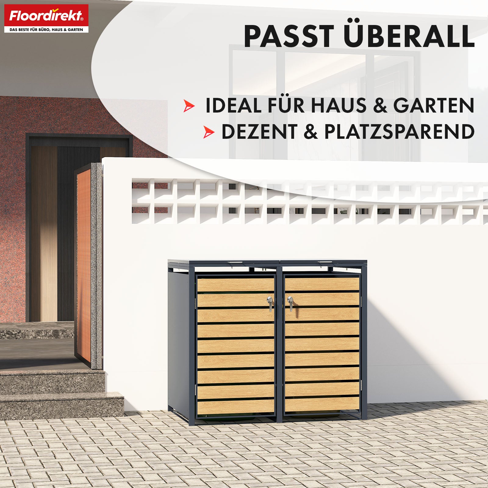 Abri pour poubelles | Johan | Habillage pour poubelles anthracite avec décor bois et cadre robuste en acier inoxydable | 1-3 portes | Rangement de poubelle pour 60-240 L
