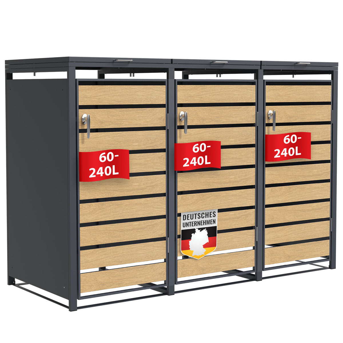 Abri pour poubelles | Johan | Habillage pour poubelles anthracite avec décor bois et cadre robuste en acier inoxydable | 1-3 portes | Rangement de poubelle pour 60-240 L