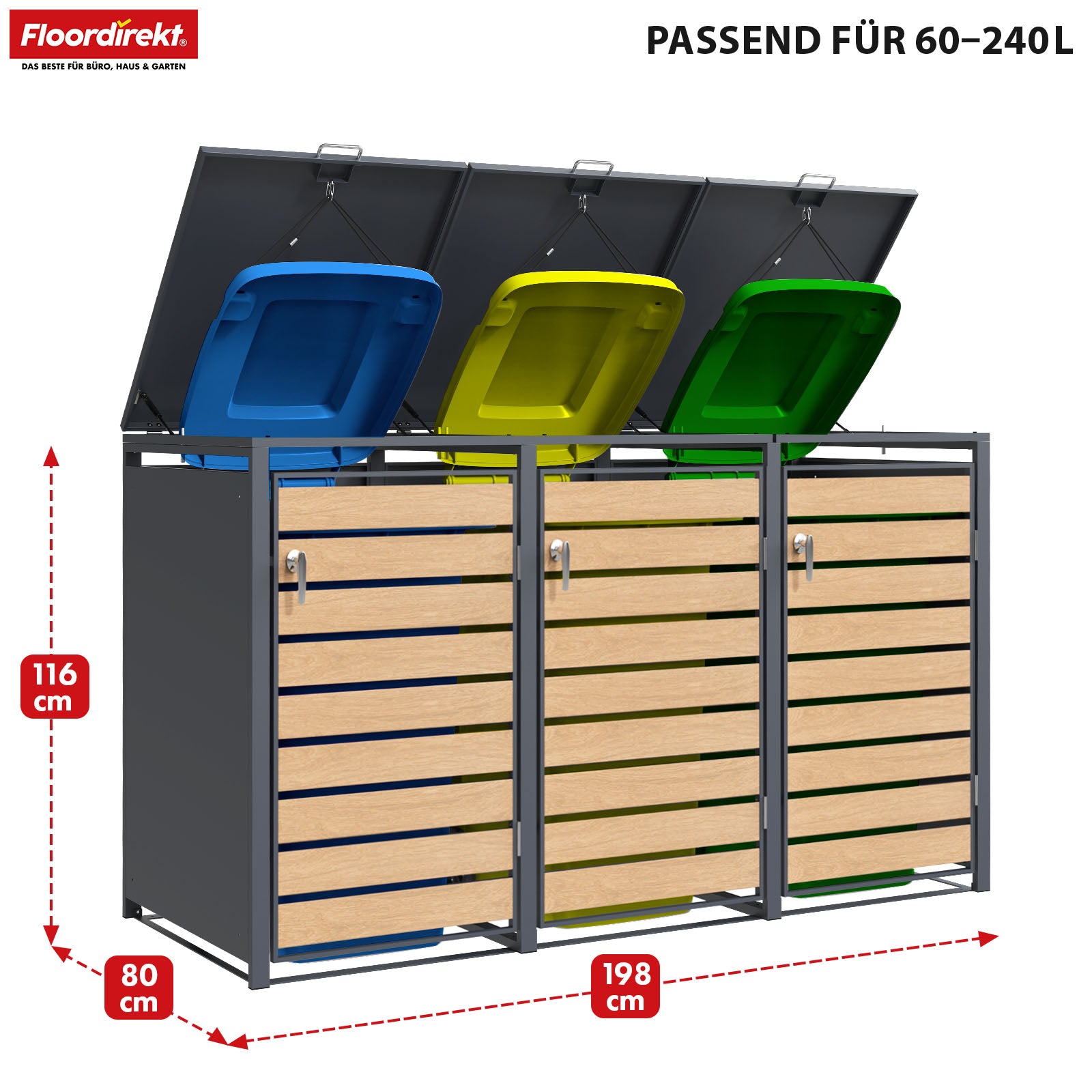Abri pour poubelles | Johan | Habillage pour poubelles anthracite avec décor bois et cadre robuste en acier inoxydable | 1-3 portes | Rangement de poubelle pour 60-240 L