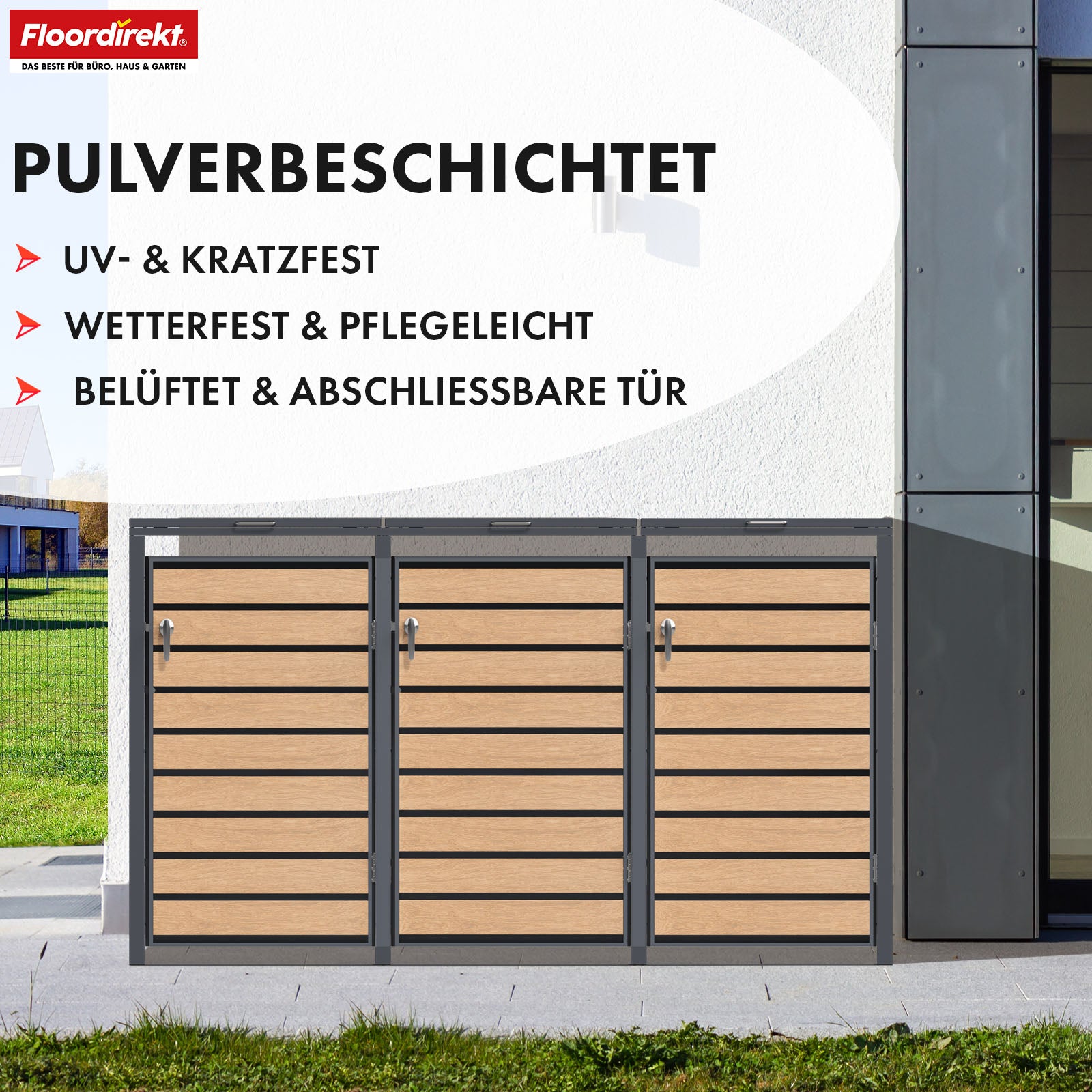 Abri pour poubelles | Johan | Habillage pour poubelles anthracite avec décor bois et cadre robuste en acier inoxydable | 1-3 portes | Rangement de poubelle pour 60-240 L
