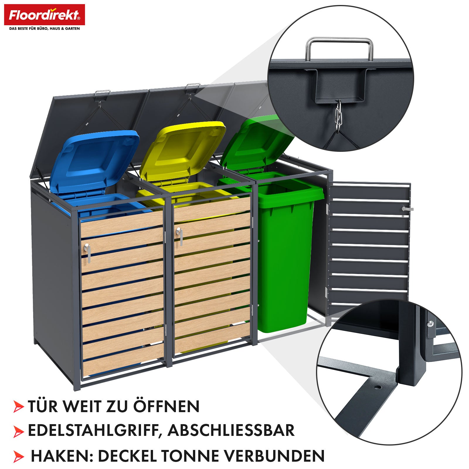 Abri pour poubelles | Johan | Habillage pour poubelles anthracite avec décor bois et cadre robuste en acier inoxydable | 1-3 portes | Rangement de poubelle pour 60-240 L