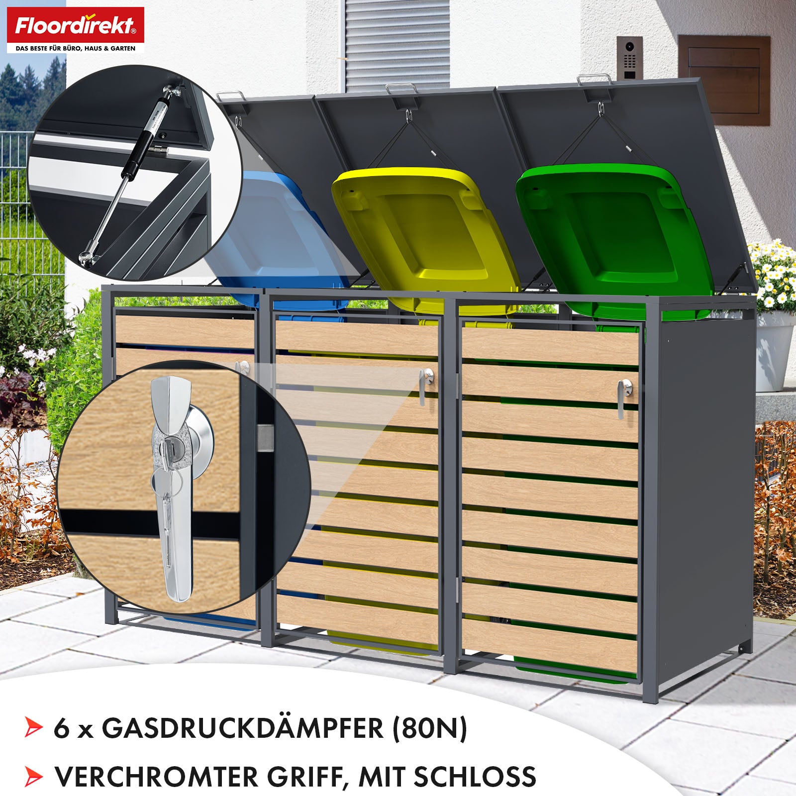 Abri pour poubelles | Johan | Habillage pour poubelles anthracite avec décor bois et cadre robuste en acier inoxydable | 1-3 portes | Rangement de poubelle pour 60-240 L