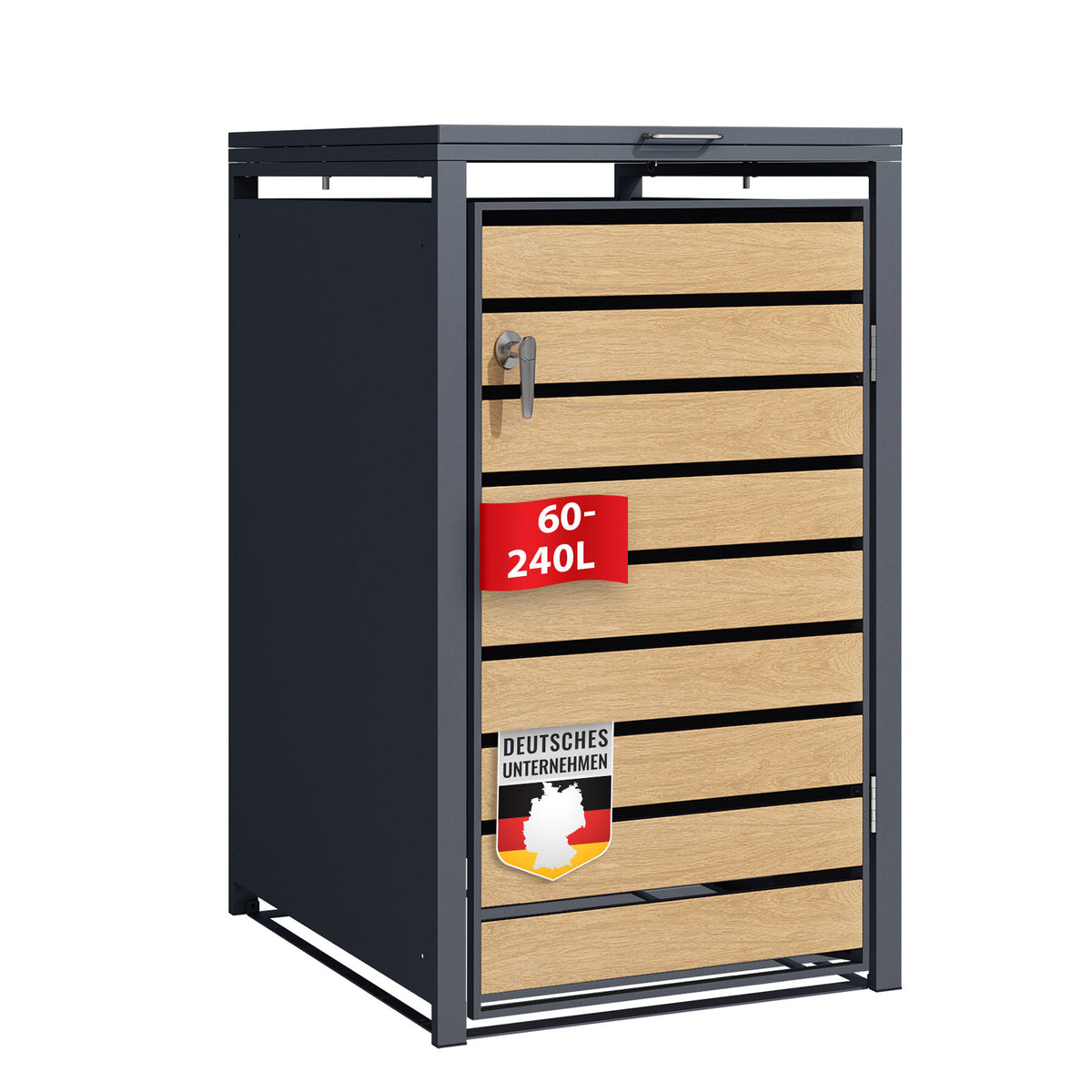 Abri pour poubelles | Johan | Habillage pour poubelles anthracite avec décor bois et cadre robuste en acier inoxydable | 1-3 portes | Rangement de poubelle pour 60-240 L