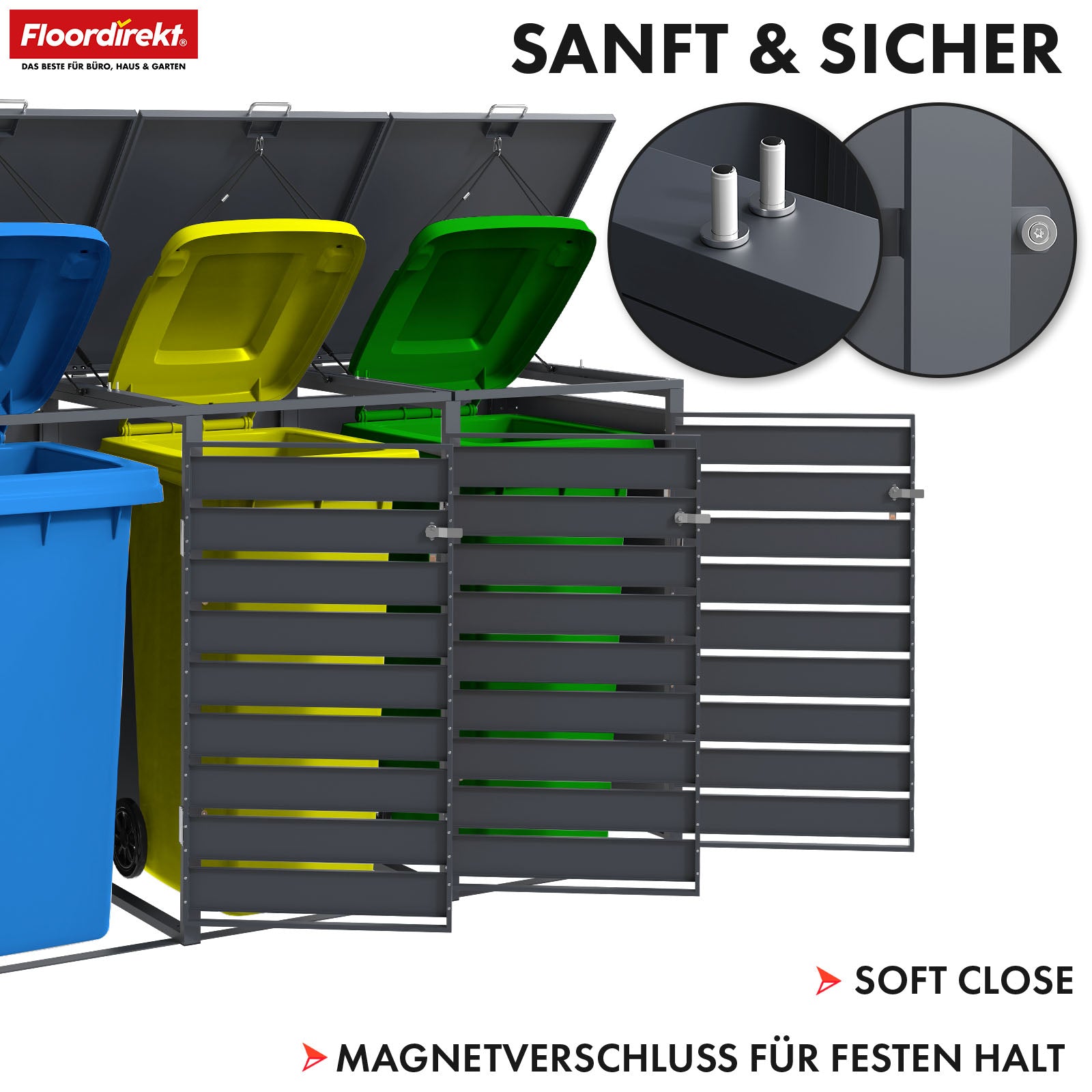 Abri pour poubelles | Johan | Habillage pour poubelles anthracite avec décor bois et cadre robuste en acier inoxydable | 1-3 portes | Rangement de poubelle pour 60-240 L