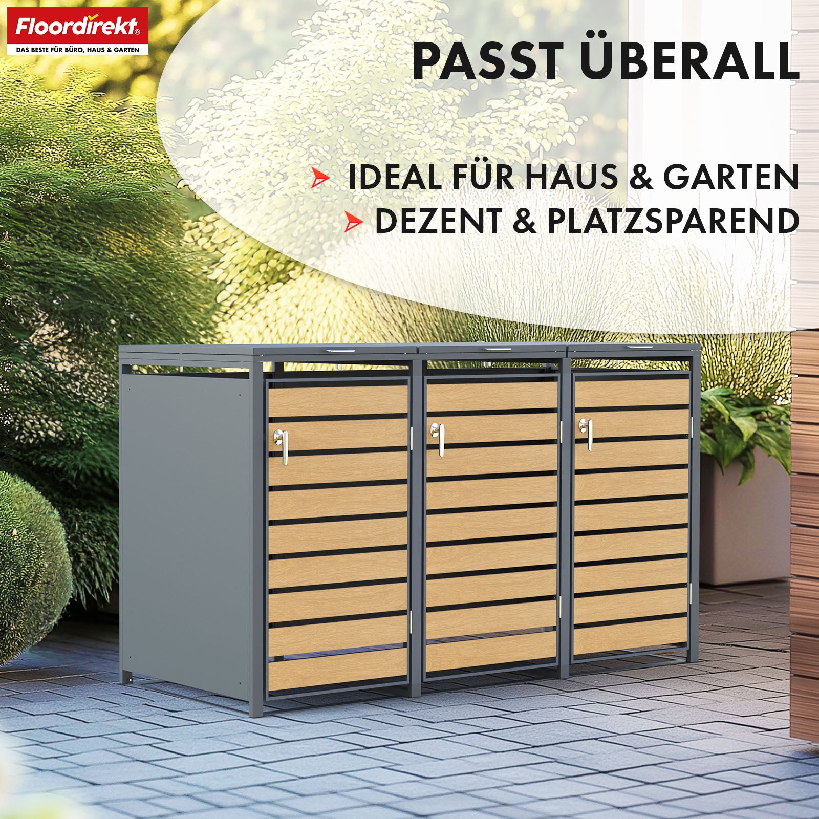 Abri pour poubelles | Johan | Habillage pour poubelles anthracite avec décor bois et cadre robuste en acier inoxydable | 1-3 portes | Rangement de poubelle pour 60-240 L