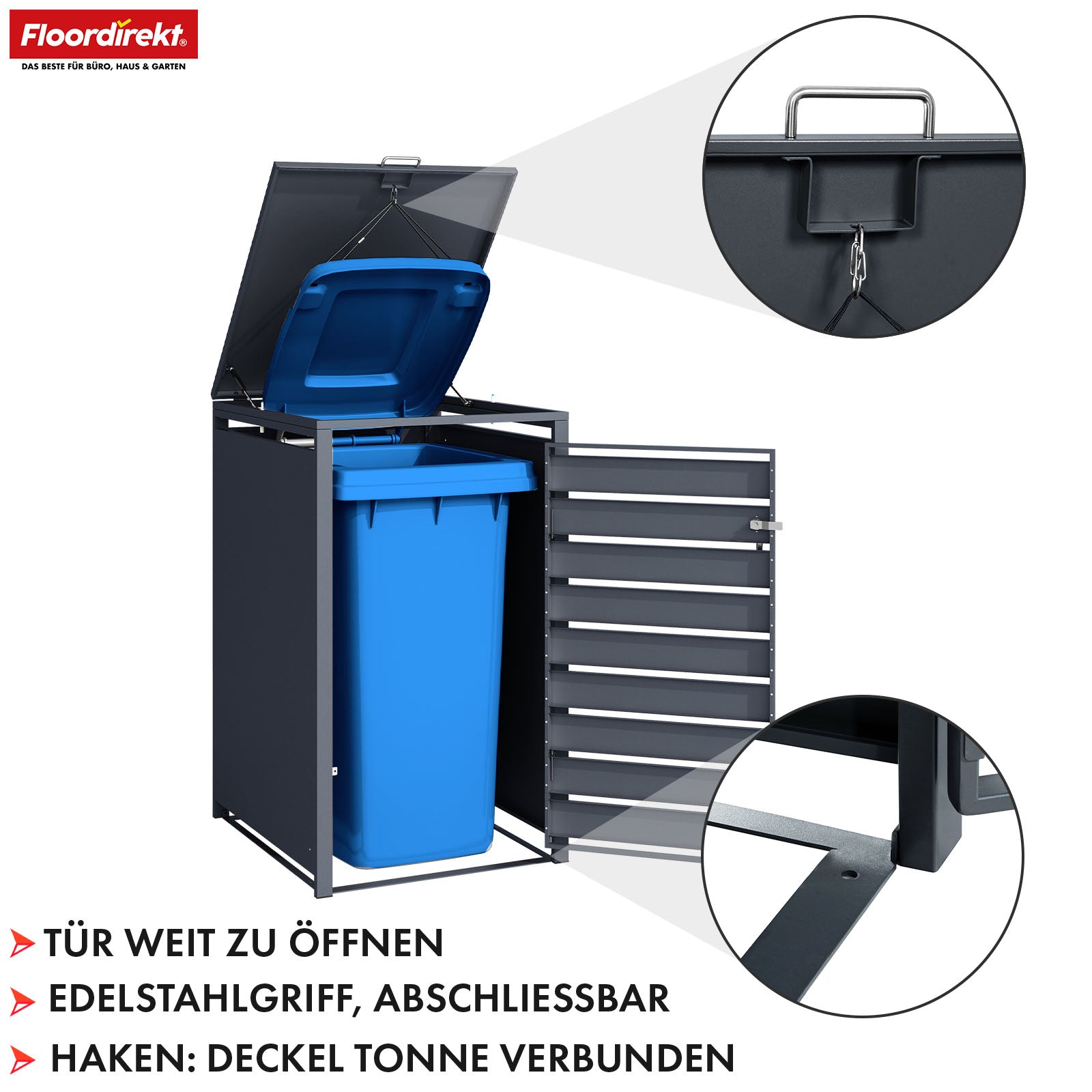 Abri pour poubelles | Johan | Habillage pour poubelles anthracite avec décor bois et cadre robuste en acier inoxydable | 1-3 portes | Rangement de poubelle pour 60-240 L