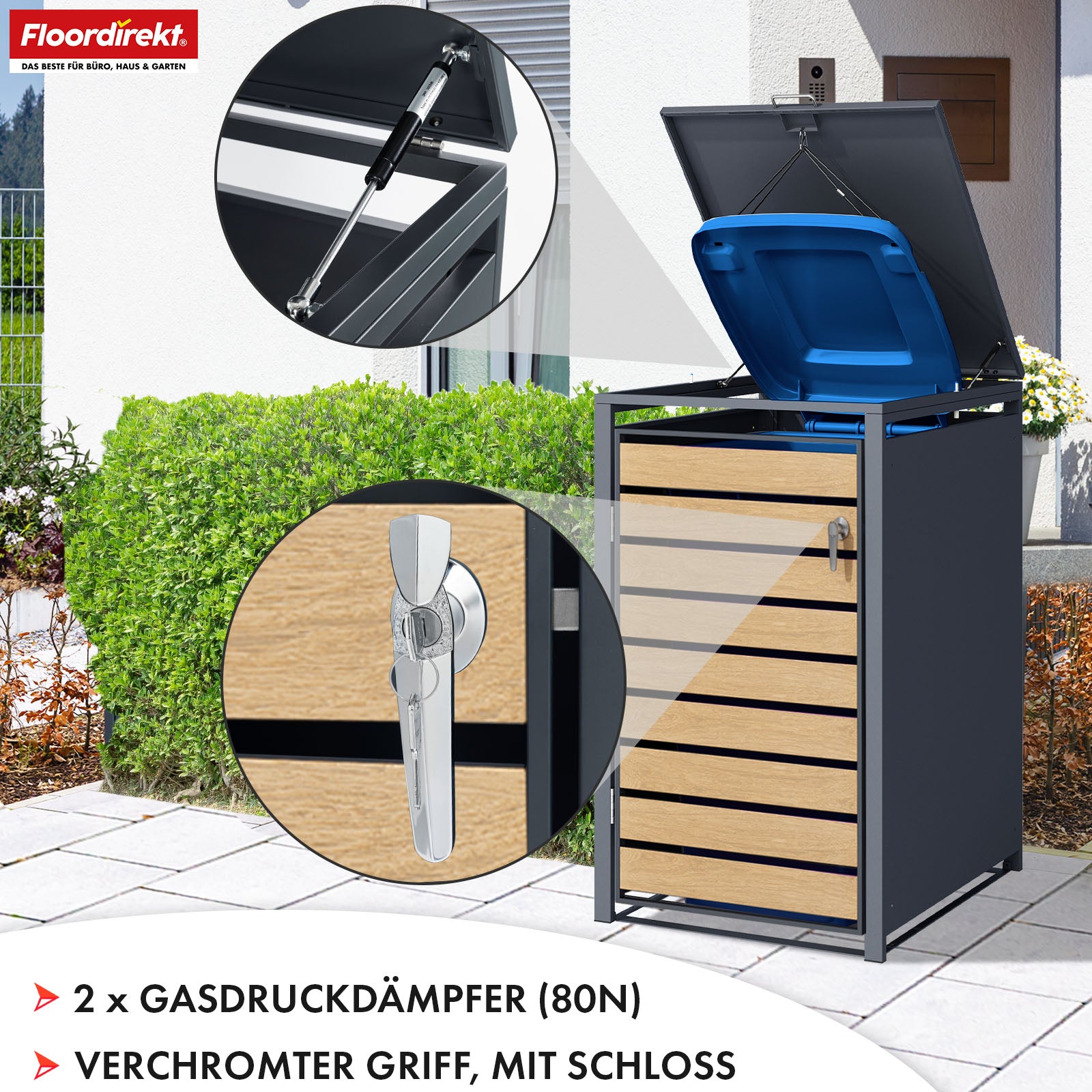 Abri pour poubelles | Johan | Habillage pour poubelles anthracite avec décor bois et cadre robuste en acier inoxydable | 1-3 portes | Rangement de poubelle pour 60-240 L