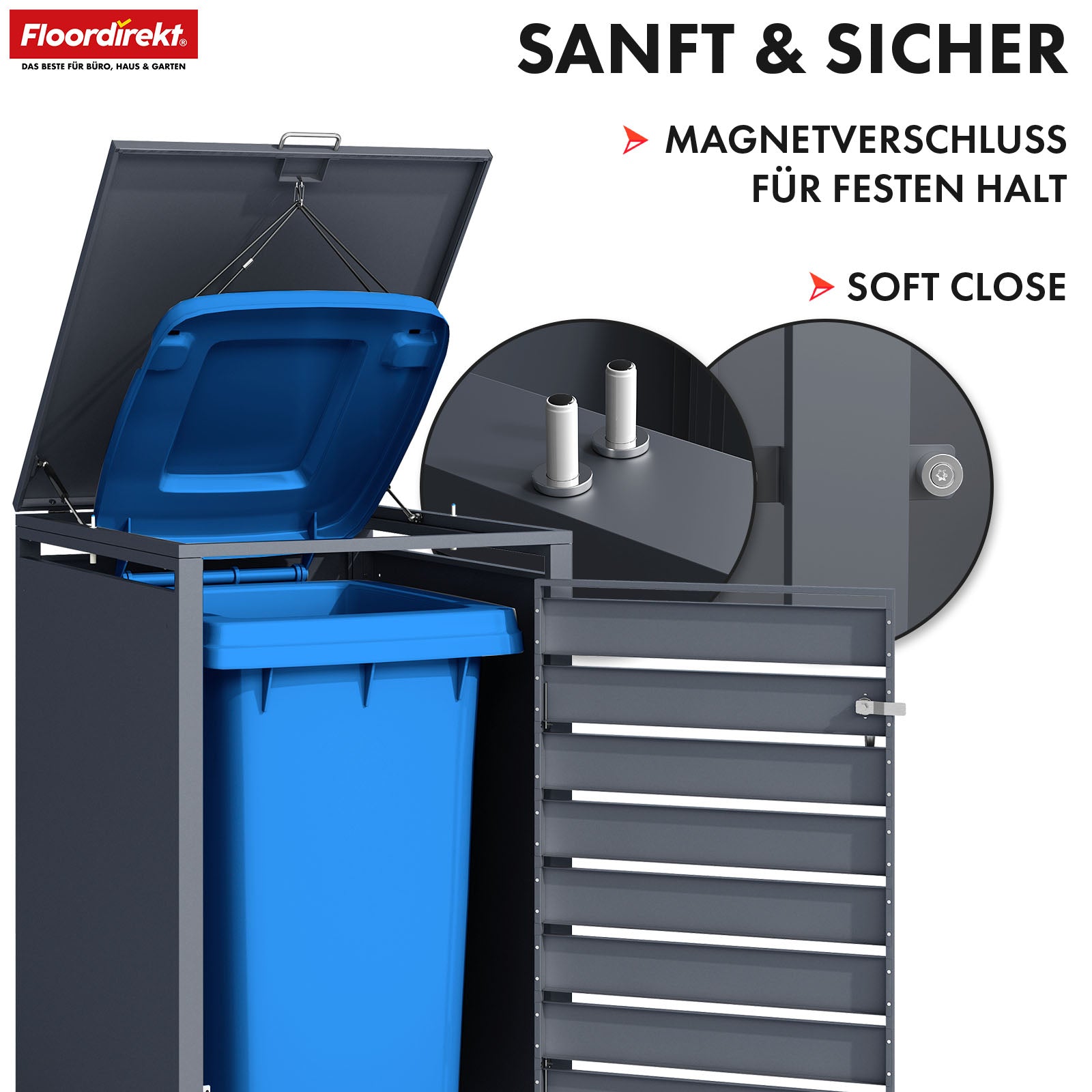 Abri pour poubelles | Johan | Habillage pour poubelles anthracite avec décor bois et cadre robuste en acier inoxydable | 1-3 portes | Rangement de poubelle pour 60-240 L