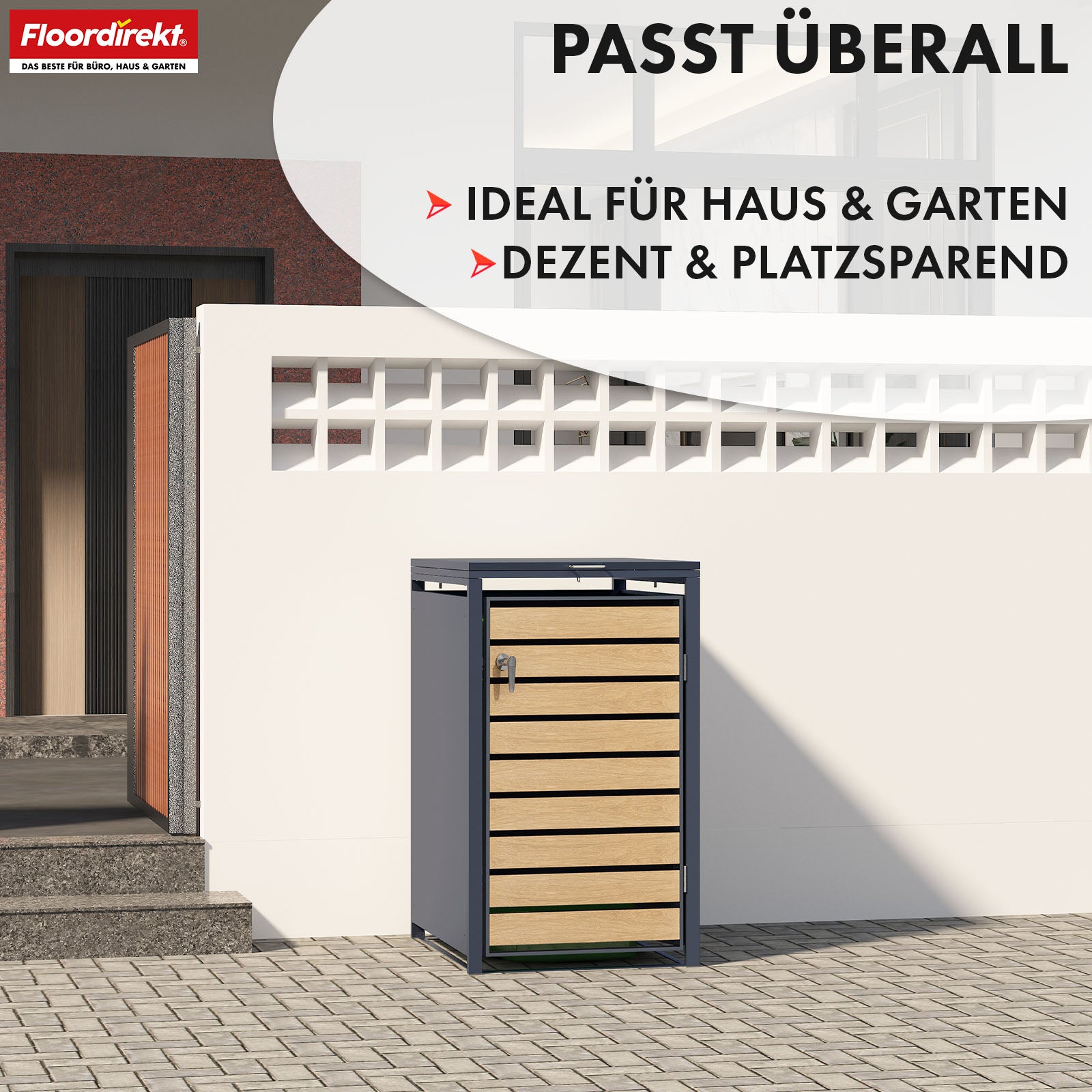 Abri pour poubelles | Johan | Habillage pour poubelles anthracite avec décor bois et cadre robuste en acier inoxydable | 1-3 portes | Rangement de poubelle pour 60-240 L