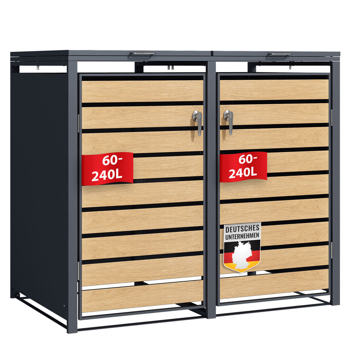 Abri pour poubelles | Johan | Habillage pour poubelles anthracite avec décor bois et cadre robuste en acier inoxydable | 1-3 portes | Rangement de poubelle pour 60-240 L