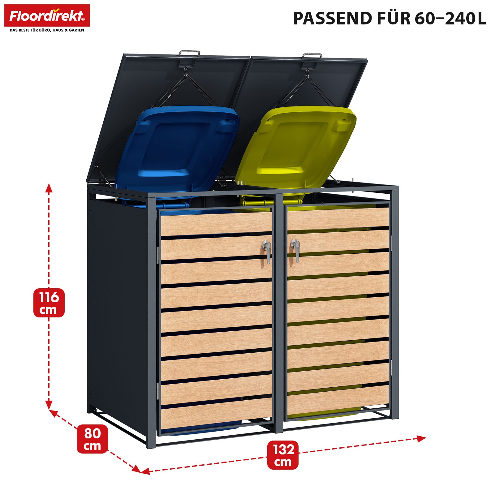 Abri pour poubelles | Johan | Habillage pour poubelles anthracite avec décor bois et cadre robuste en acier inoxydable | 1-3 portes | Rangement de poubelle pour 60-240 L
