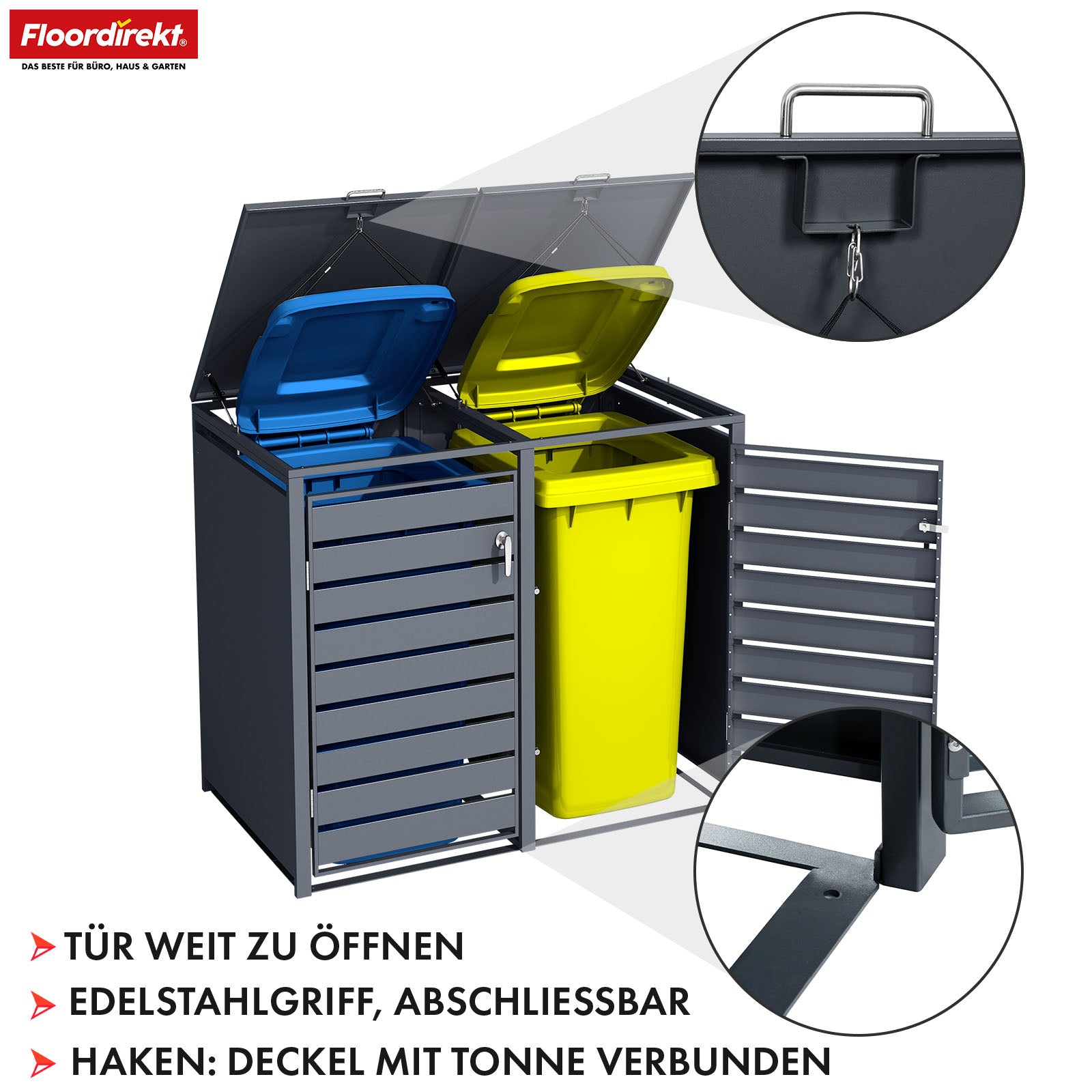 Abri pour poubelles | Magnus | Habillage de poubelle anthracite résistant aux intempéries avec cadre en acier inoxydable | 1-3 portes | Convient pour les poubelles de 60-240 L
