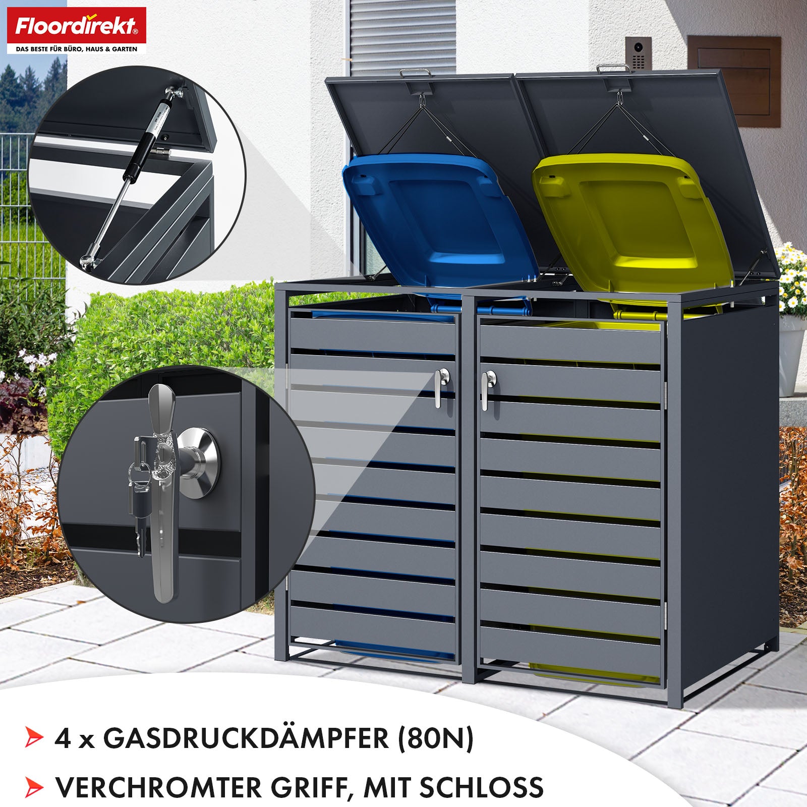 Abri pour poubelles | Magnus | Habillage de poubelle anthracite résistant aux intempéries avec cadre en acier inoxydable | 1-3 portes | Convient pour les poubelles de 60-240 L