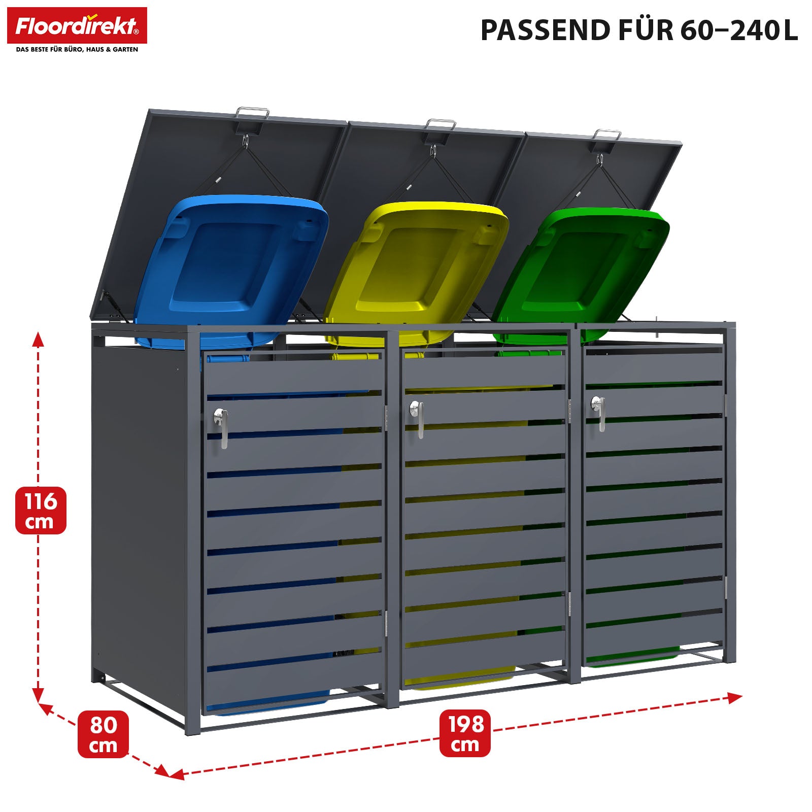 Abri pour poubelles | Magnus | Habillage de poubelle anthracite résistant aux intempéries avec cadre en acier inoxydable | 1-3 portes | Convient pour les poubelles de 60-240 L