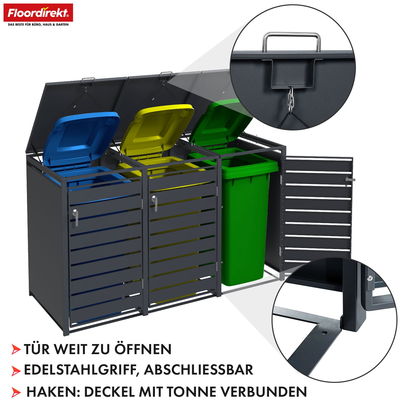 Abri pour poubelles | Magnus | Habillage de poubelle anthracite résistant aux intempéries avec cadre en acier inoxydable | 1-3 portes | Convient pour les poubelles de 60-240 L