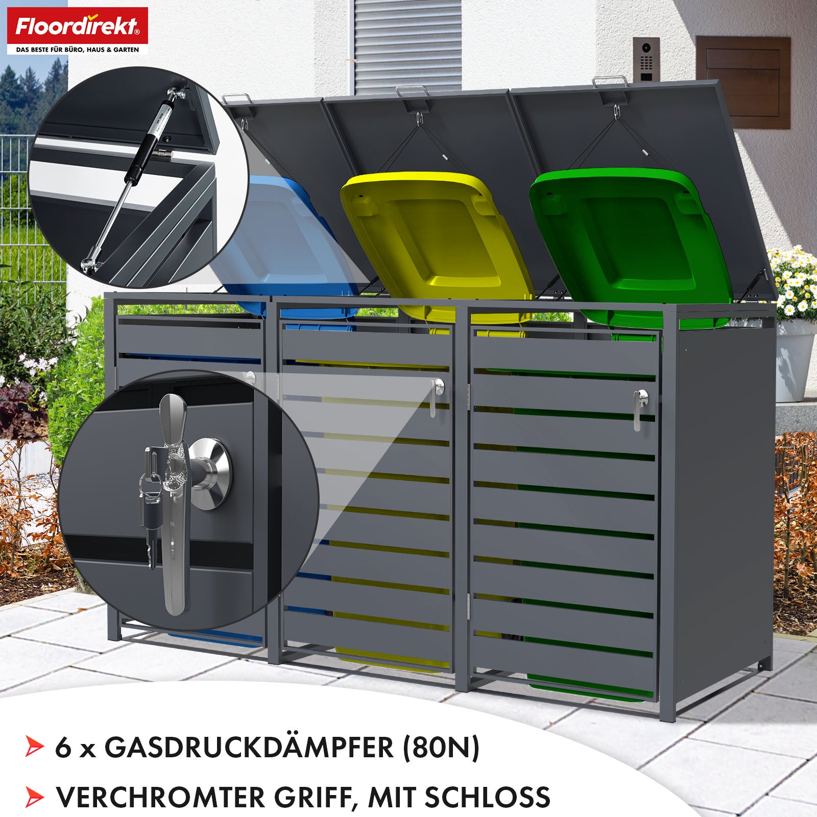 Abri pour poubelles | Magnus | Habillage de poubelle anthracite résistant aux intempéries avec cadre en acier inoxydable | 1-3 portes | Convient pour les poubelles de 60-240 L