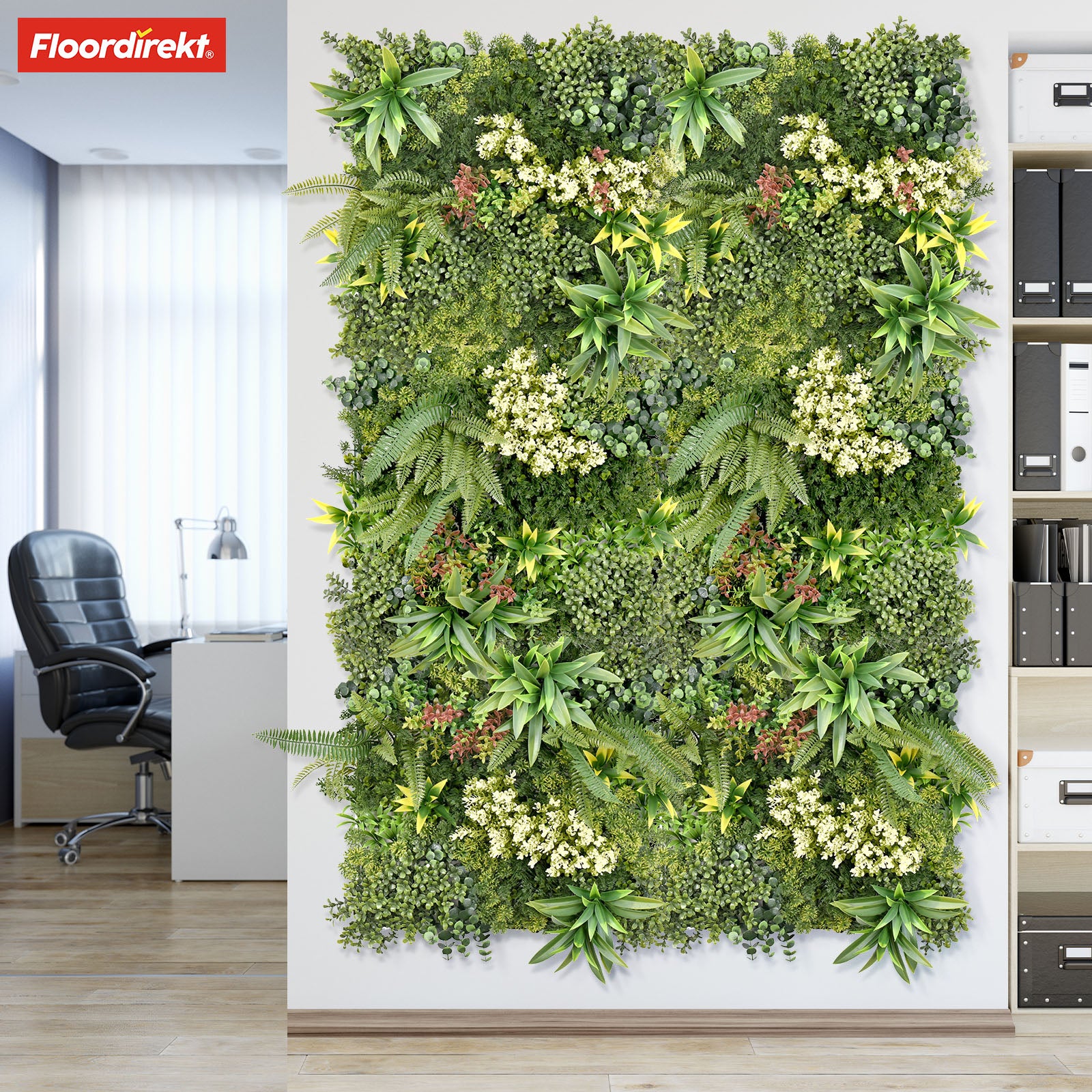 Mur végétal | Rhea | Décoration murale élégante avec plantes vertes et fleurs blanches | 50 x 50 cm