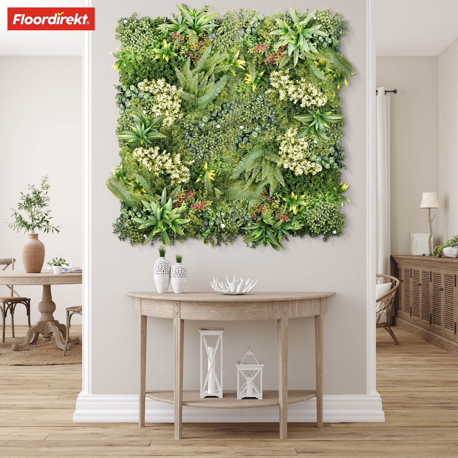 Mur végétal | Rhea | Décoration murale élégante avec plantes vertes et fleurs blanches | 50 x 50 cm